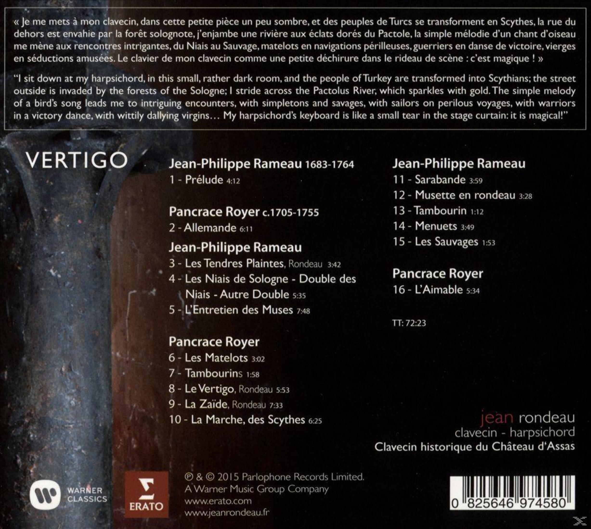 La copertina mostra il titolo "VERTIGO" e gli elenchi dei brani di Rameau e Royer.