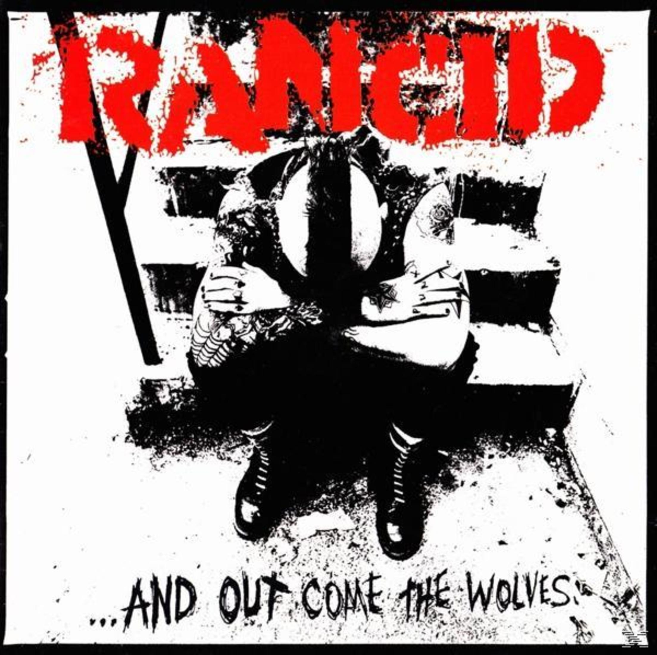 Copertina album Rancid: Persona accovacciata sulle scale, titolo "...and out come the wolves".