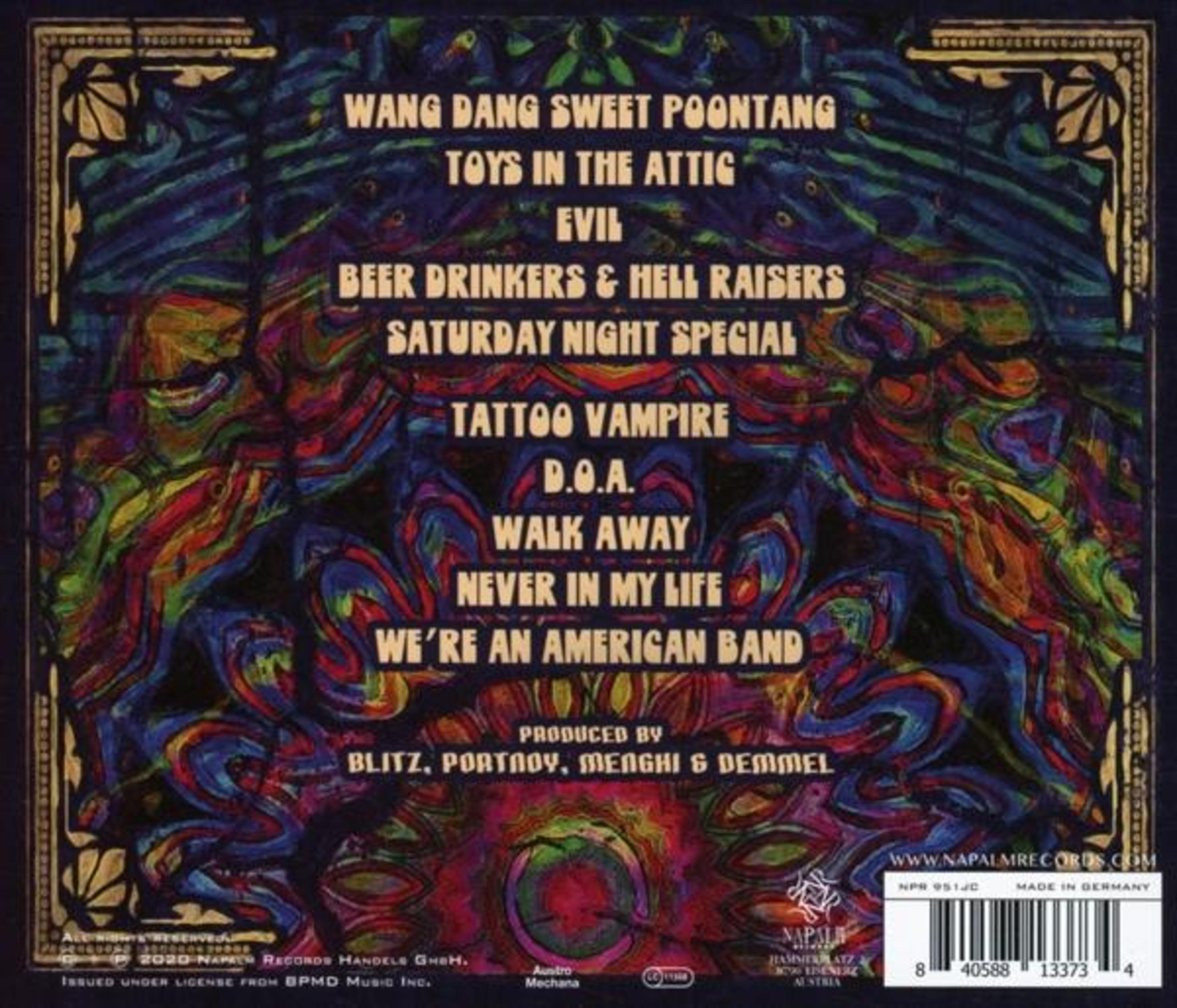 Copertina posteriore dell'album con motivo psichedelico e titoli delle canzoni.