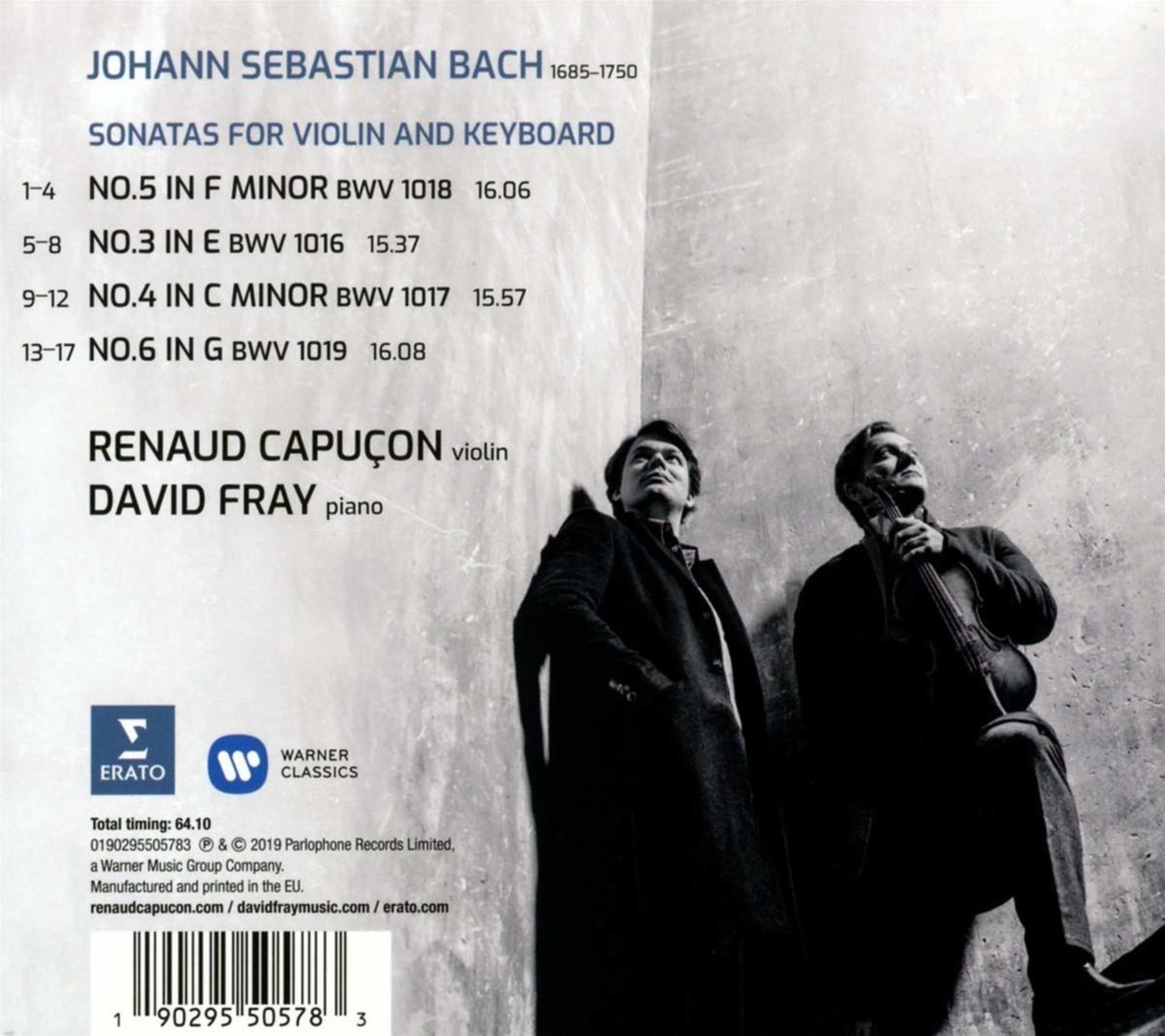 Due uomini in abiti scuri, uno con violino. Copertina Sonate di Bach.