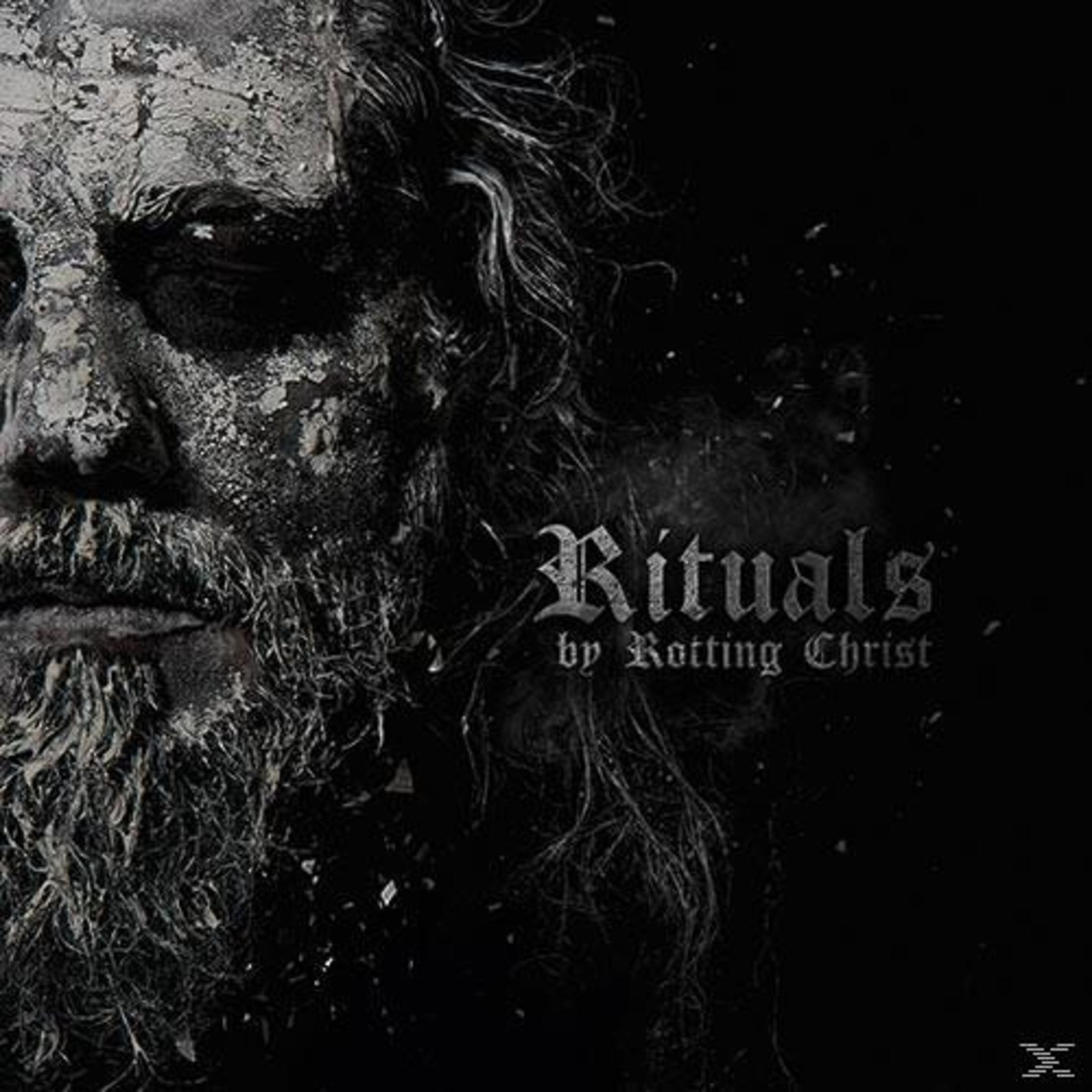 Un ritratto granuloso di un uomo barbuto con un volto in decomposizione e il titolo "Rituals".