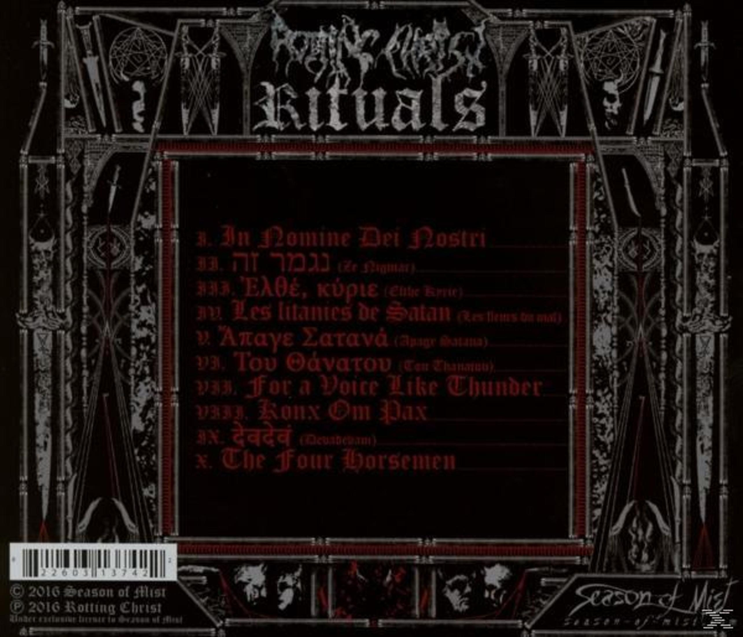 Elenco tracce album con font gotico su sfondo nero, incorniciato da disegni.