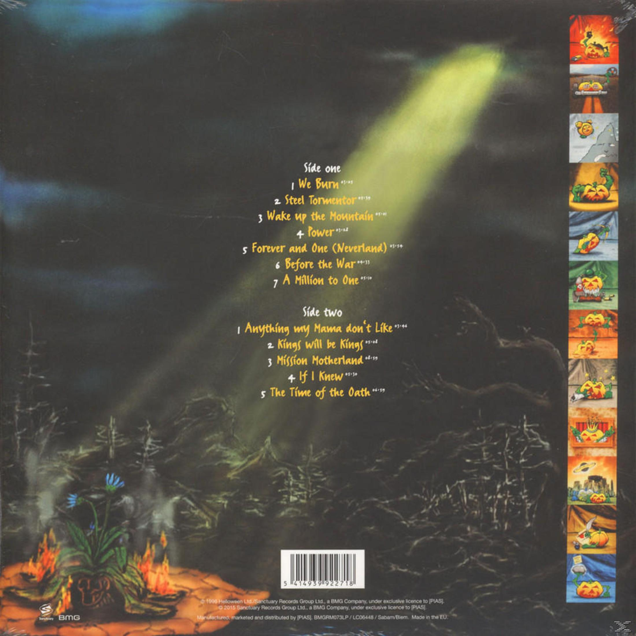 Scena scura con tracklist e piccole immagini in stile fumetto.