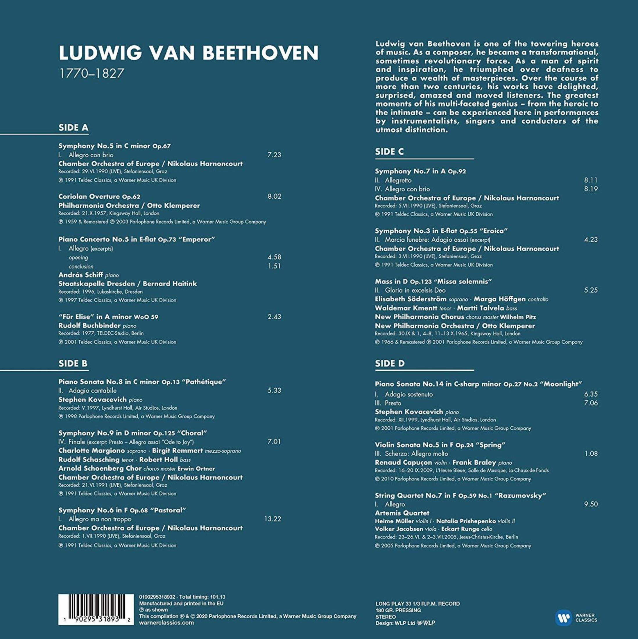 Elenco dei brani delle opere di Ludwig van Beethoven su vinile, con informazioni su lato e durata.