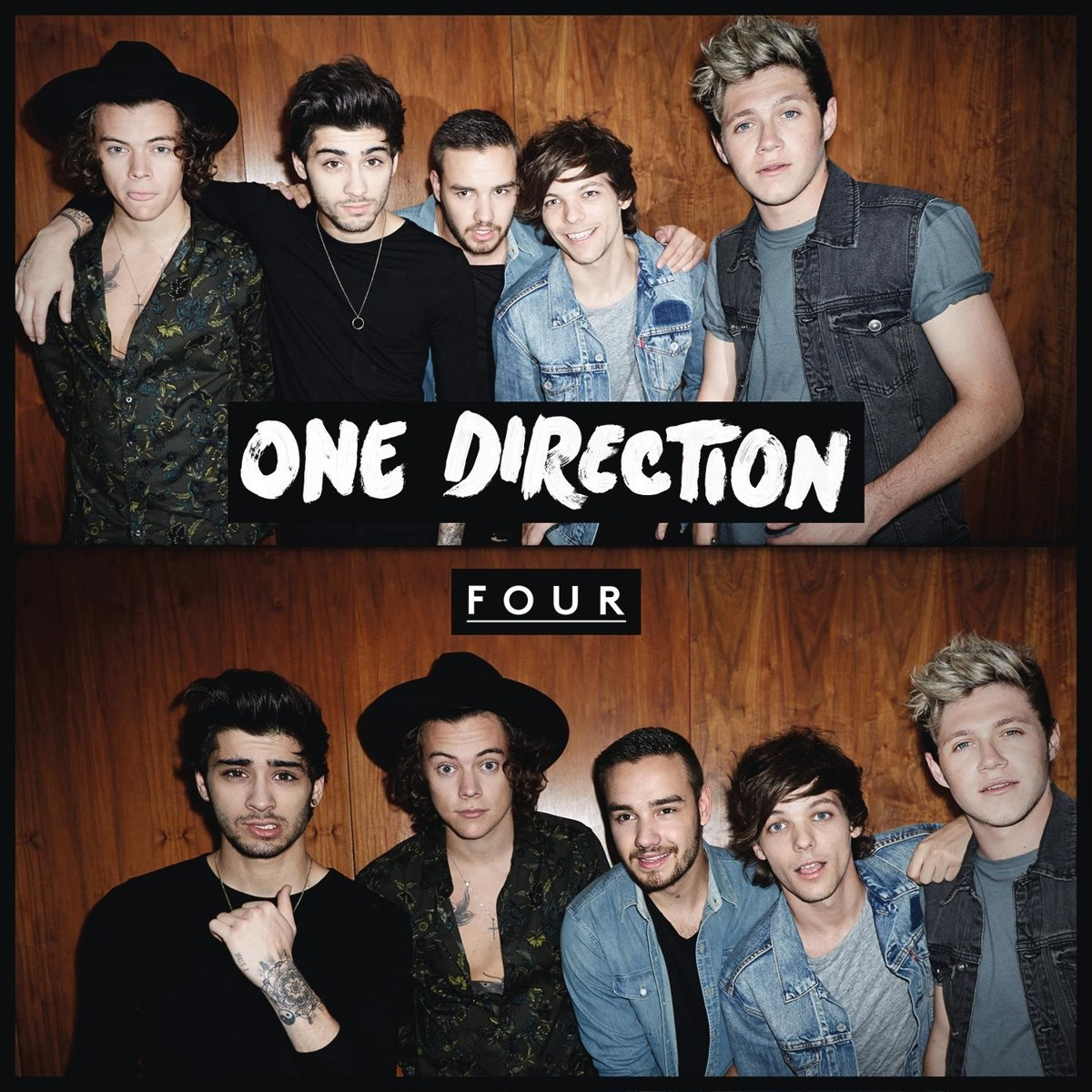 Cinque membri dei One Direction posano davanti a un muro di legno. Testo: "ONE DIRECTION FOUR."