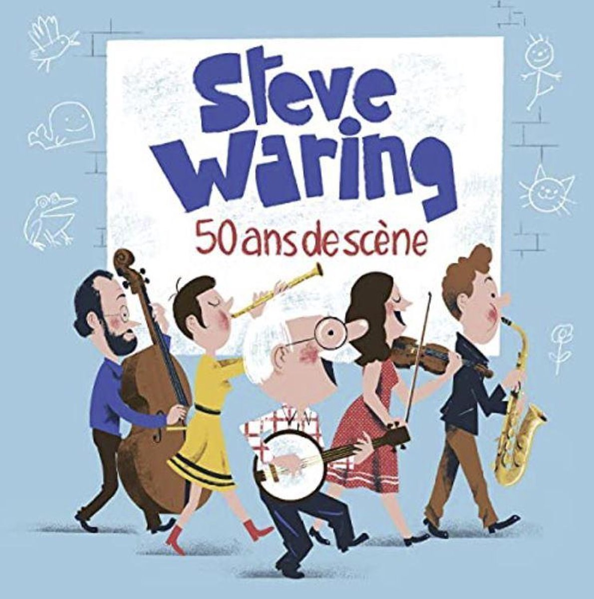Cartone di una band che suona strumenti, intitolato Steve Waring 50 ans de scène.