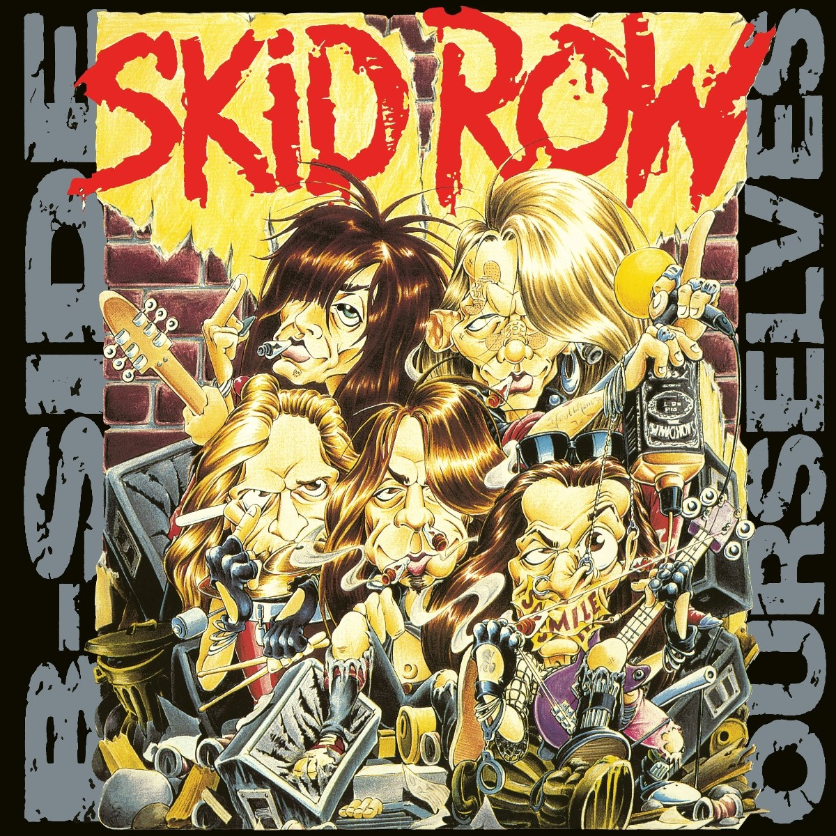 Caricatura della band Skid Row con scritte rosse su sfondo giallo.