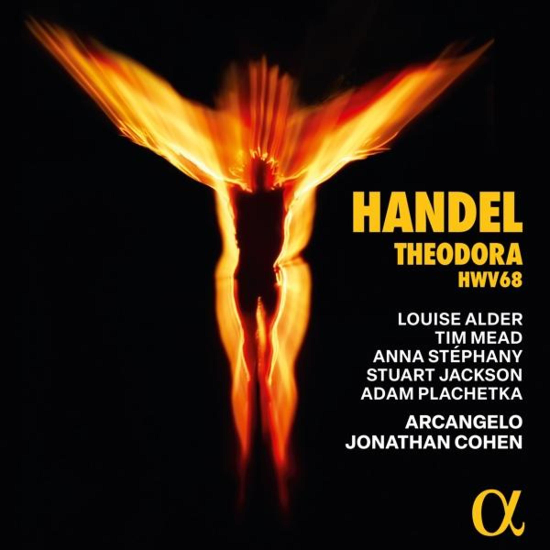 Een figuur in vlammen met gele tekst 'HANDEL THEODORA HWV68'.
