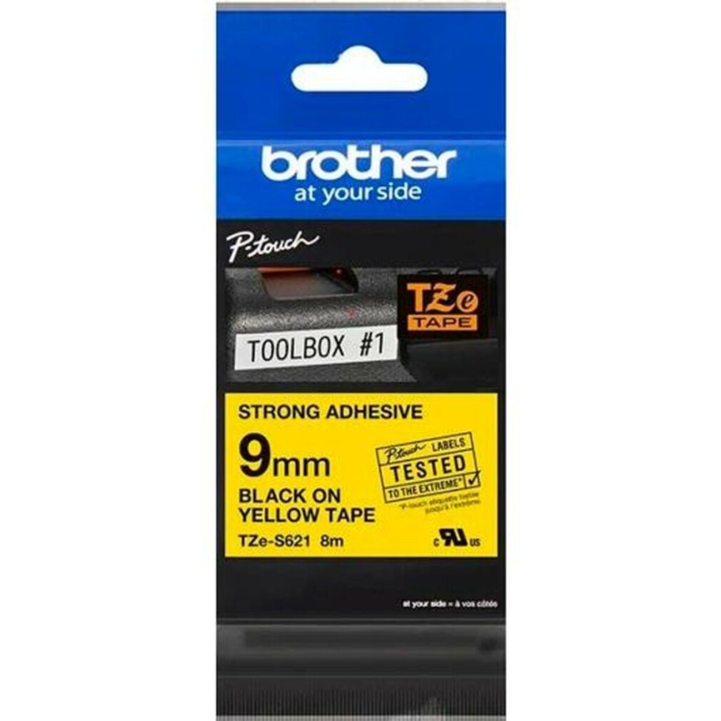 Nastro Brother P-Touch: 9mm nero su giallo, adesivo forte, TZe-S621.