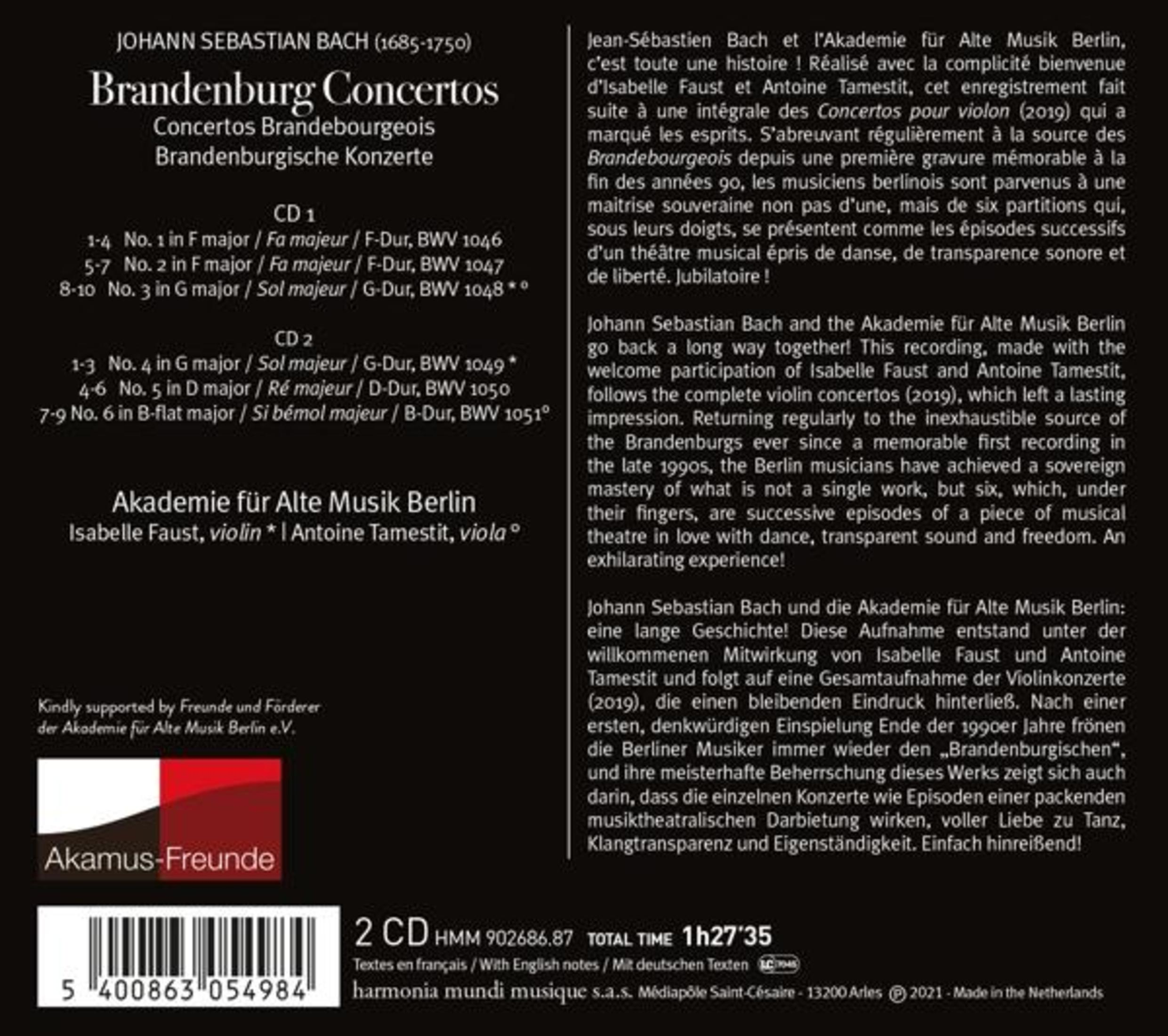 Concerti Brandeburghesi di Bach, 2 CD, con Isabelle Faust e Akademie für Alte Musik Berlin.