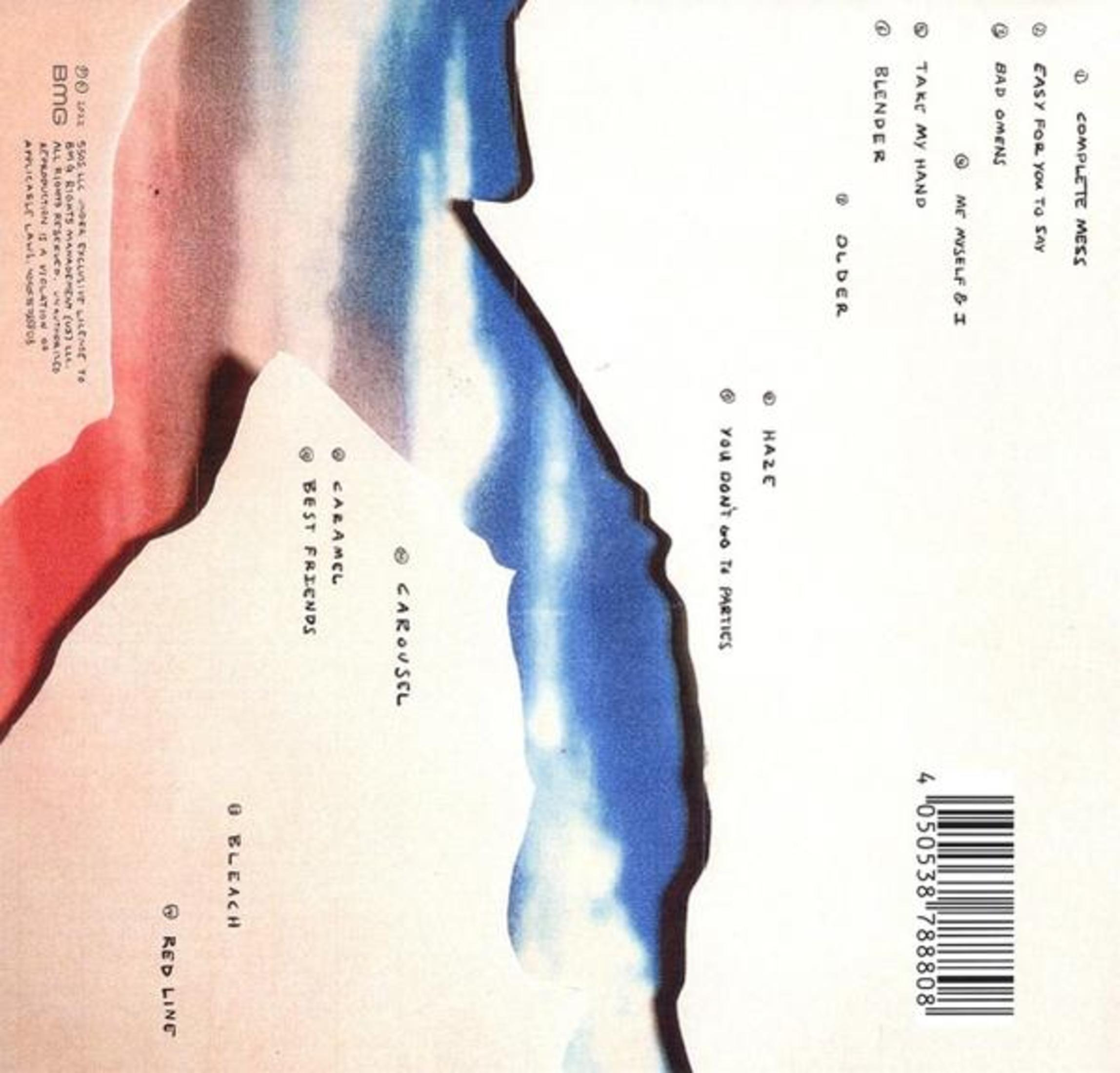 Album tracklist met abstracte kunst achtergrond en barcode.