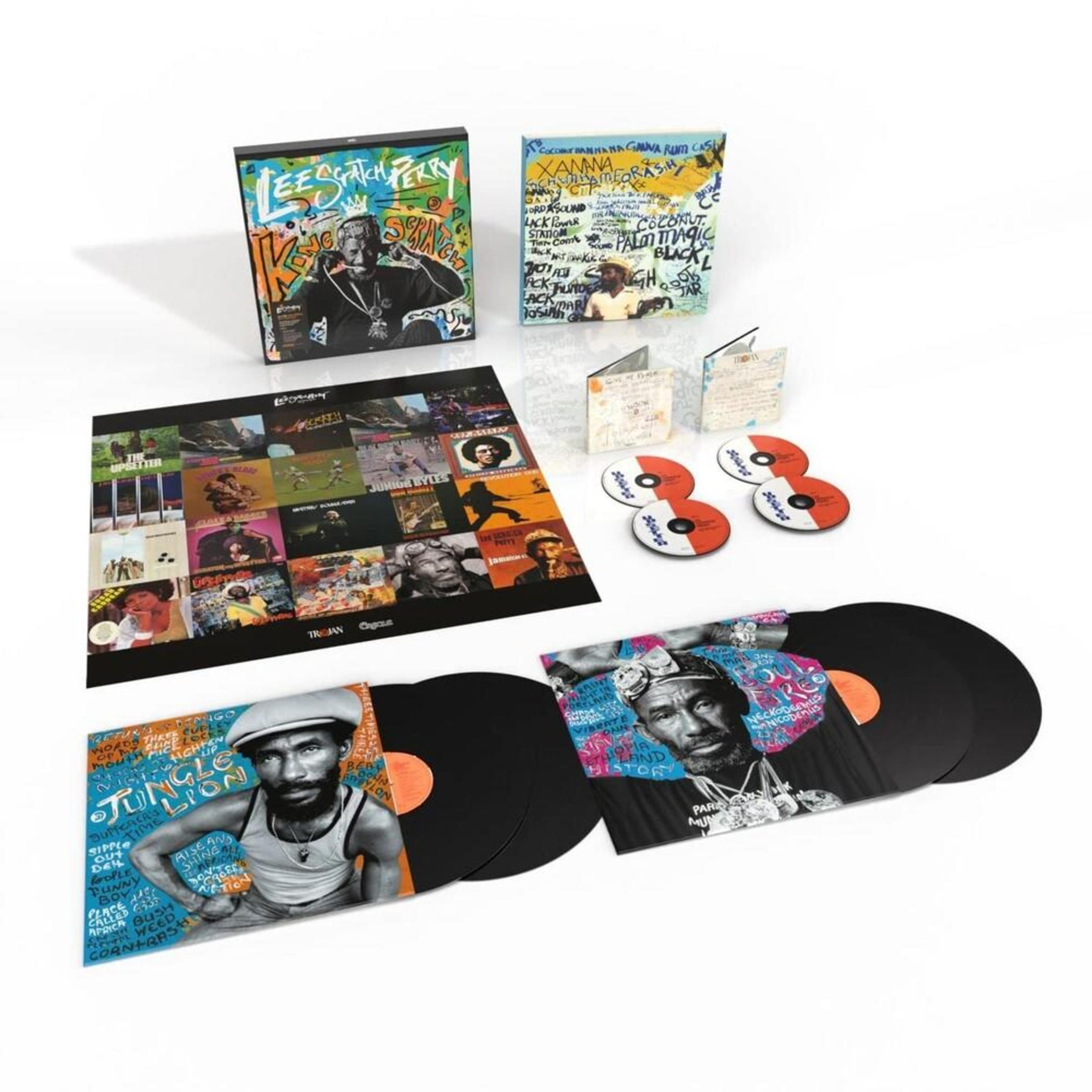 Box set di Lee "Scratch" Perry con vinili, CD e copertine su sfondo bianco.