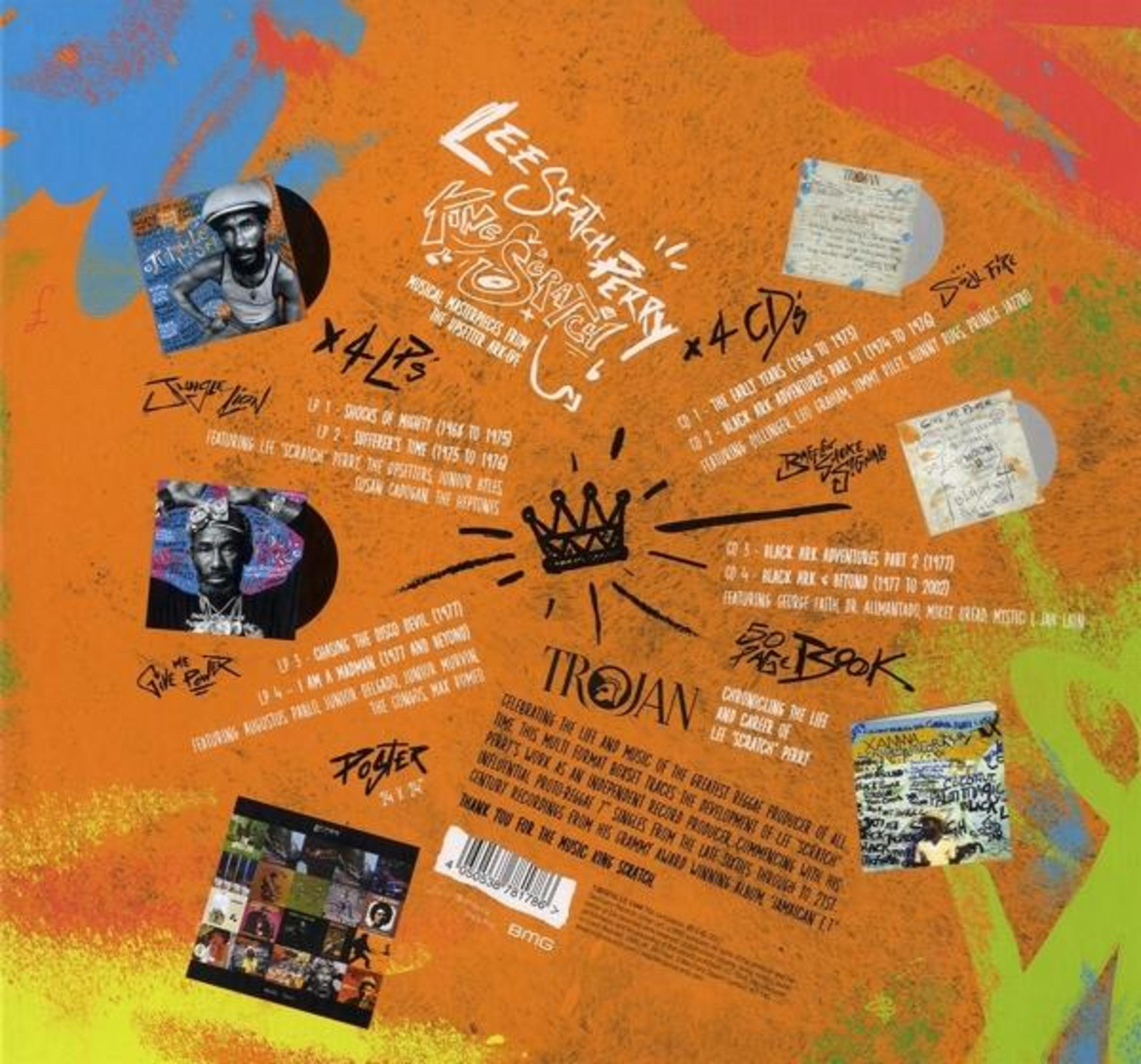 Copertina album con Lee "Scratch" Perry, LP e CD, sfondo arancione.