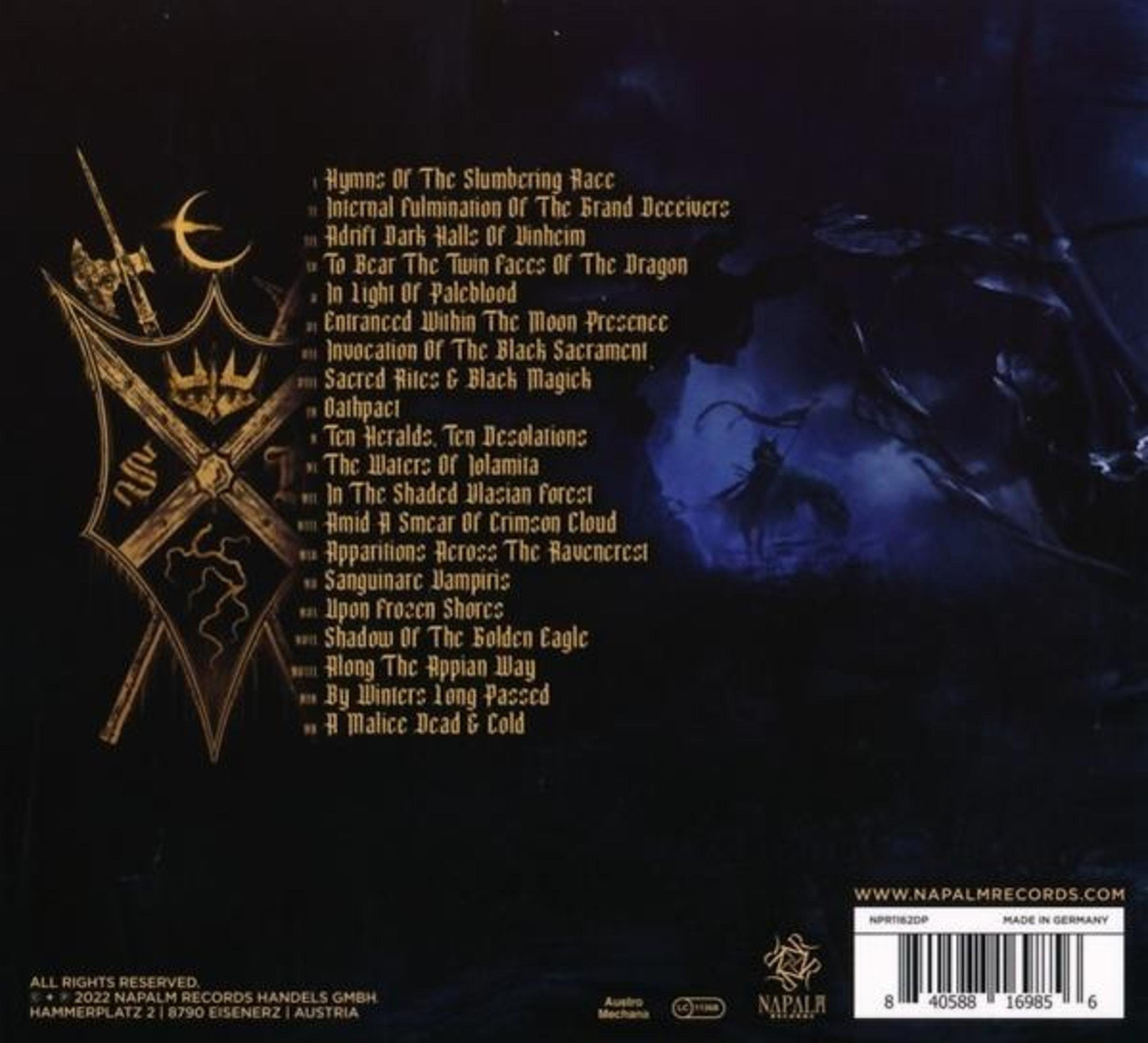Copertina album con lista canzoni, simboli e logo Napalm Records. Design dark fantasy.