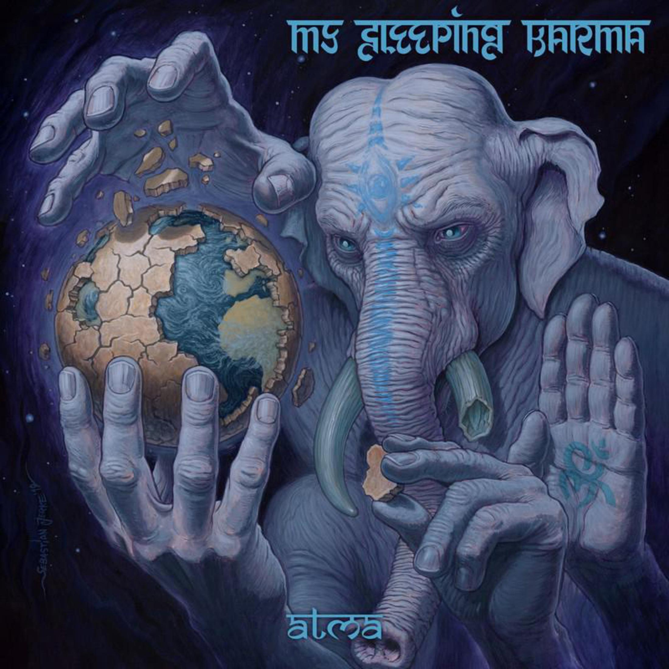 Un elefante tiene la Terra spezzata tra le mani. Testo blu sopra e sotto.