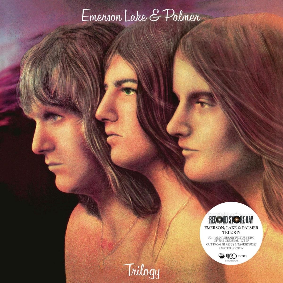 Tre uomini guardano a destra, copertina album Emerson Lake & Palmer.
