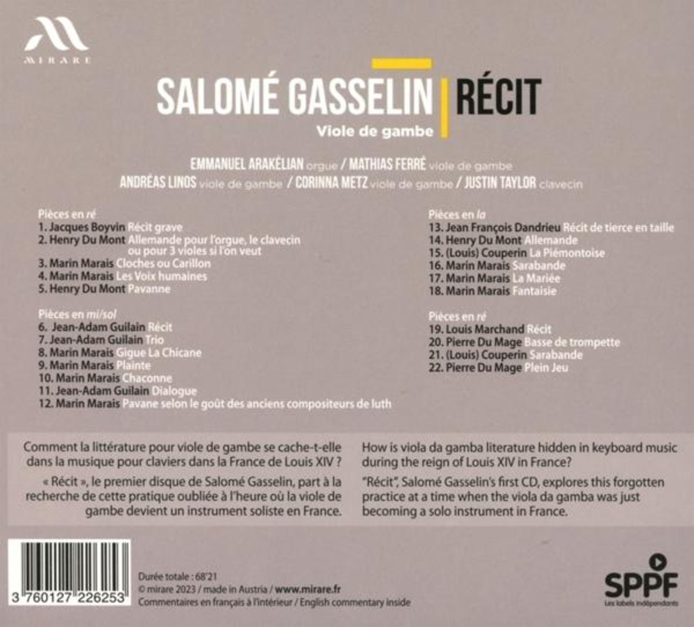 Copertina dell'album "Récit" di Salomé Gasselin, con elenco brani e artisti.