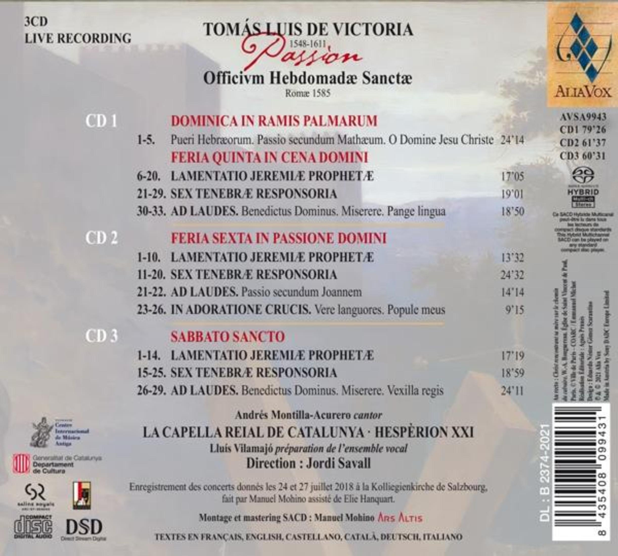 Registrazione live 3 CD di "Passion" di Tomás Luis de Victoria, con titoli e durate.