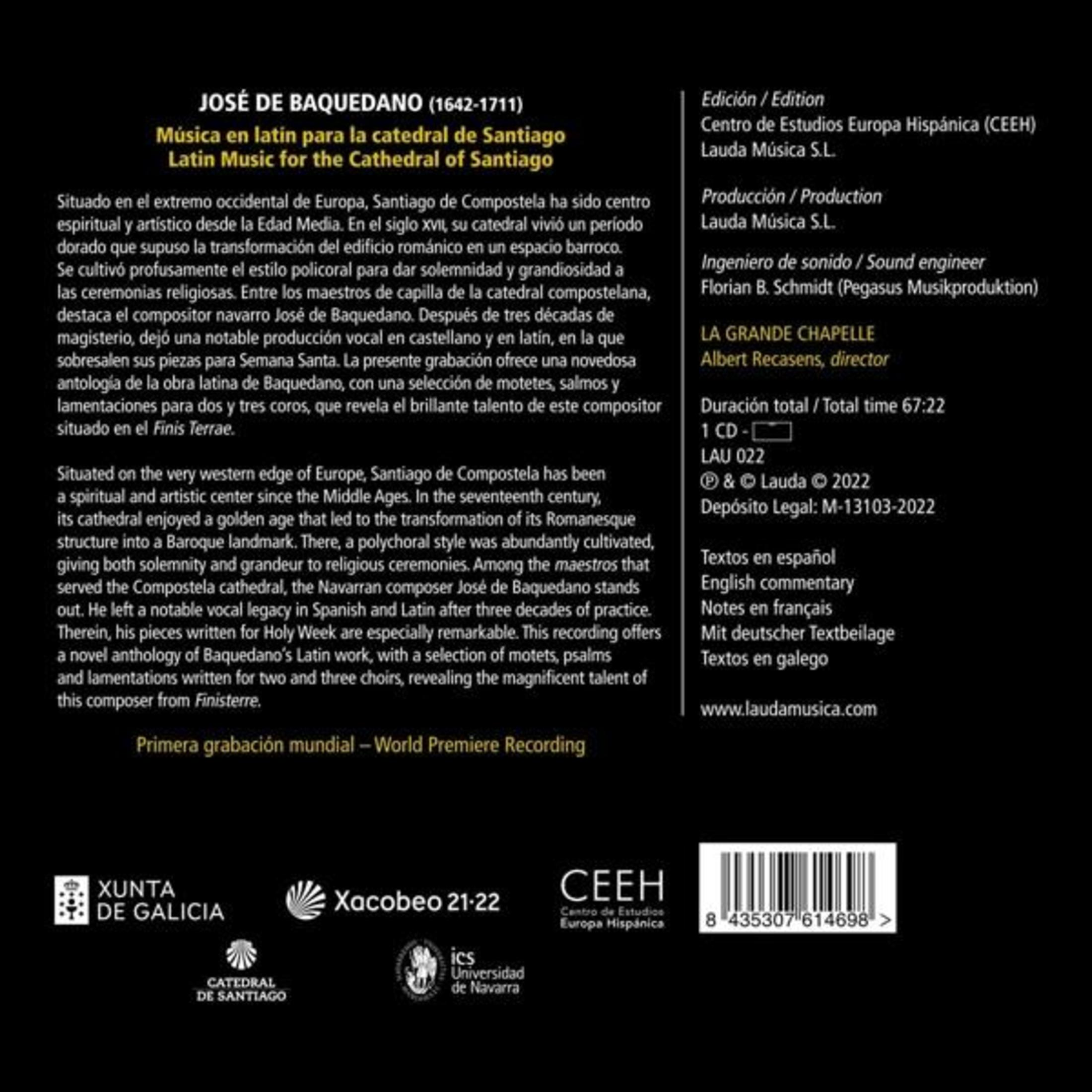 Copertina CD con informazioni su José de Baquedano e la sua musica.