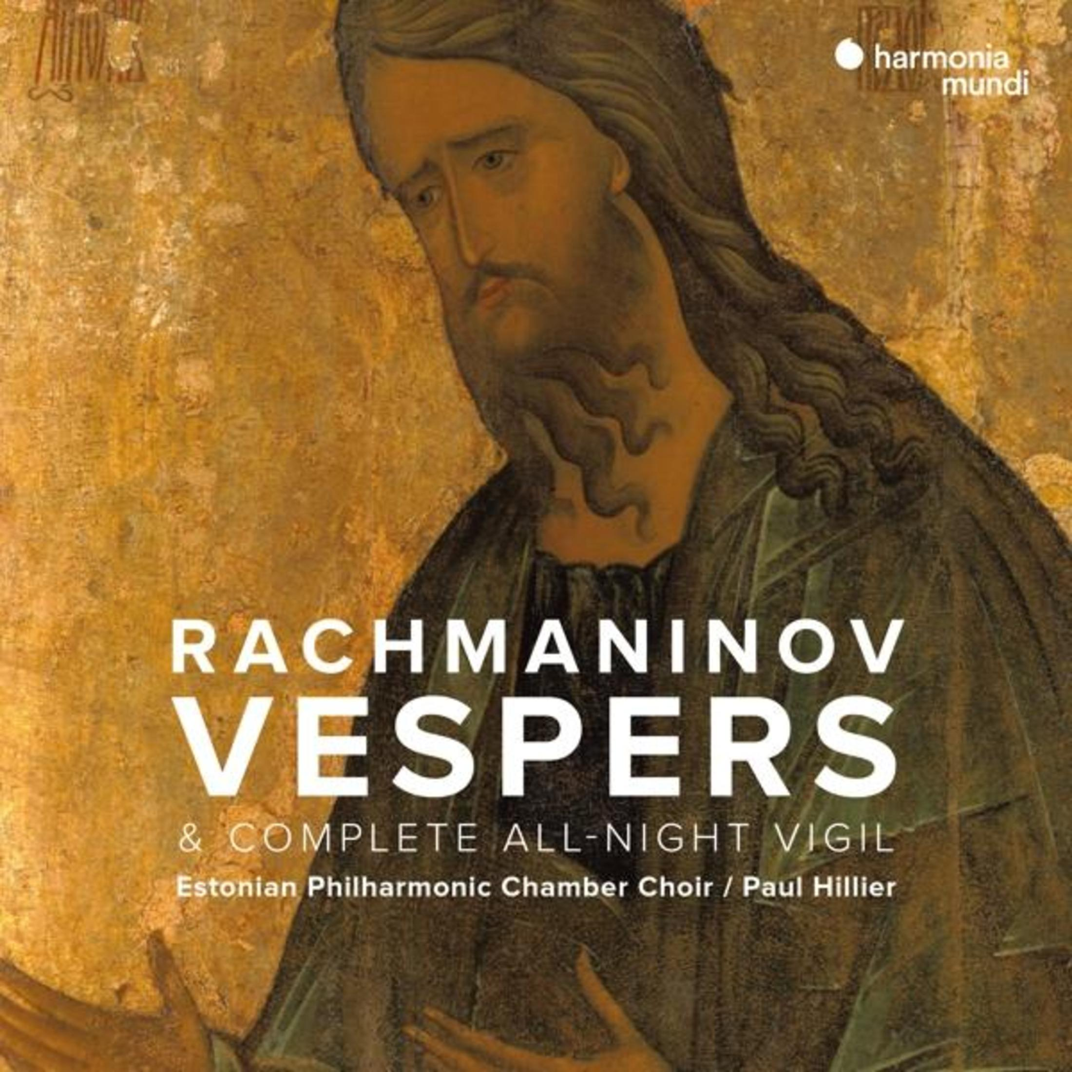 Copertina album Rachmaninov Vespers con dipinto di uomo e testo.