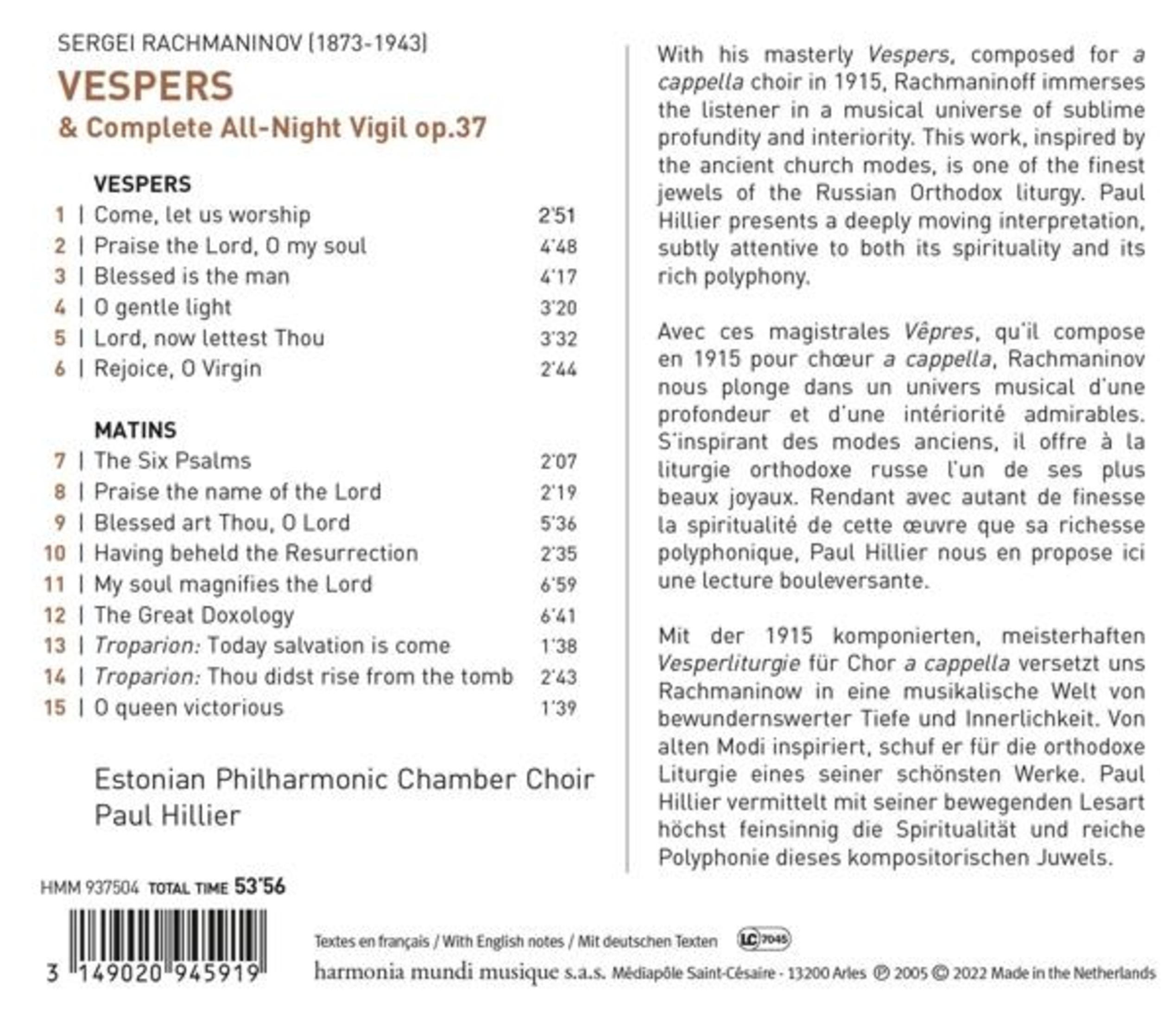 Copertina album: "Vespers & Complete All-Night Vigil op.37" di Rachmaninov.
