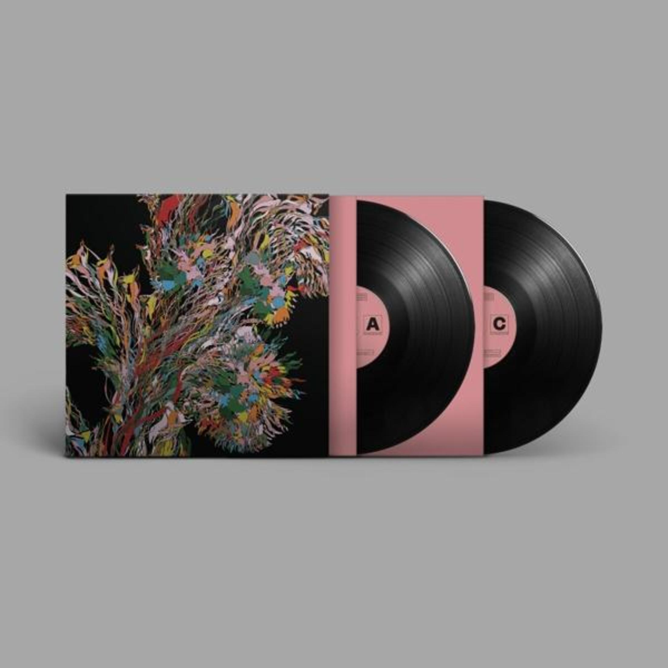 Dischi in vinile neri con copertina colorata e custodia rosa.