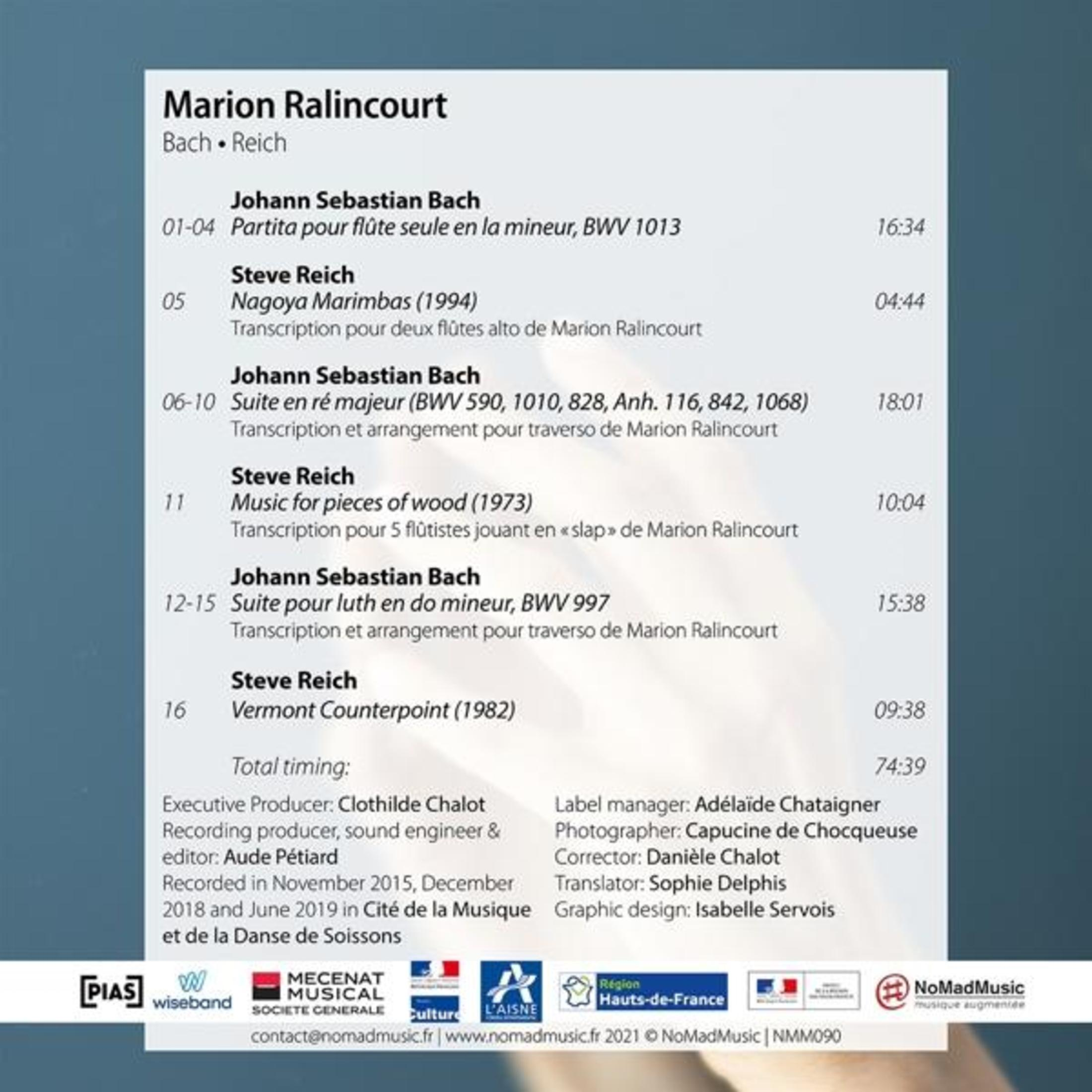Elenco di brani musicali di Bach e Reich con durate e personale.