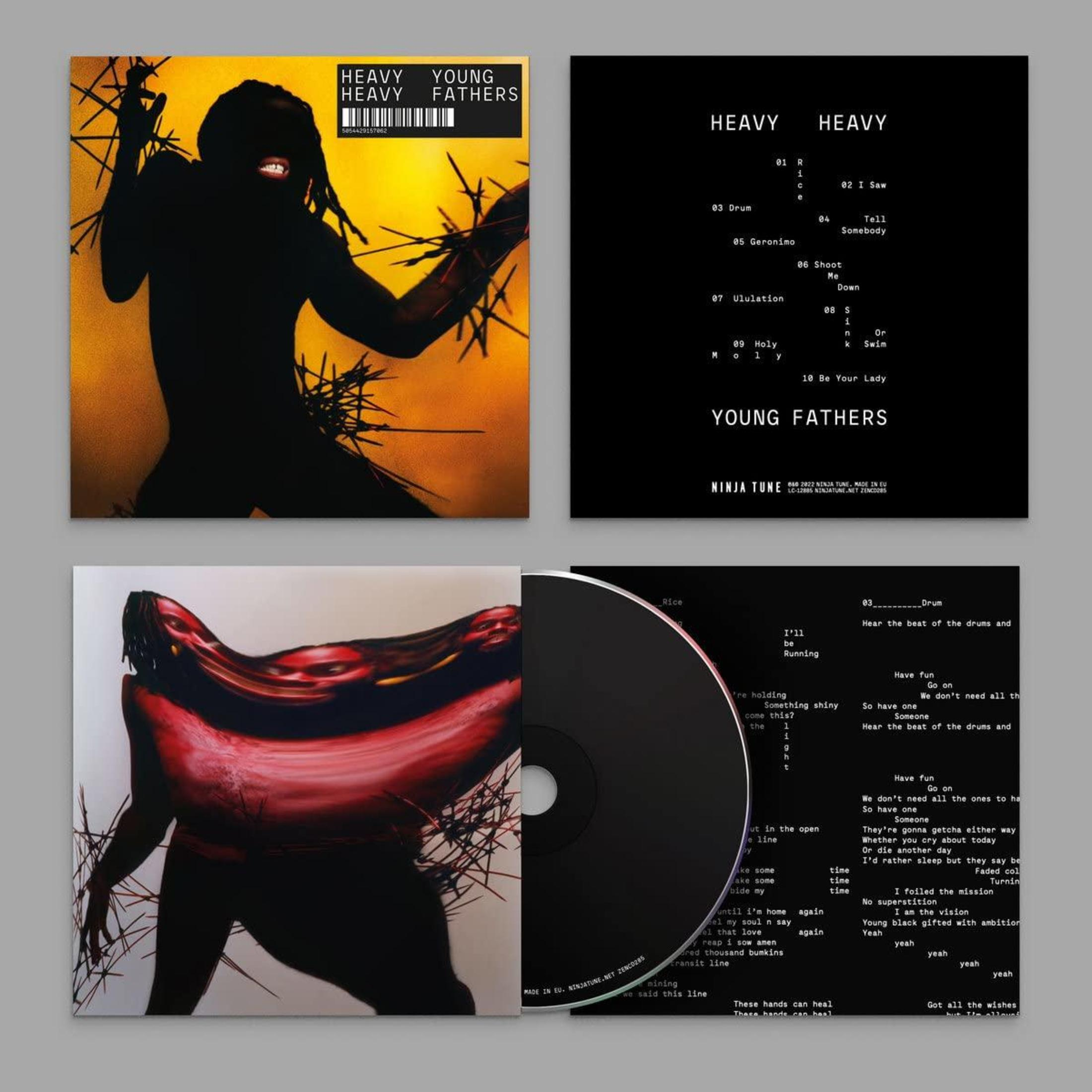 Copertina album: silhouette nera su sfondo giallo e CD con volto rosso distorto.