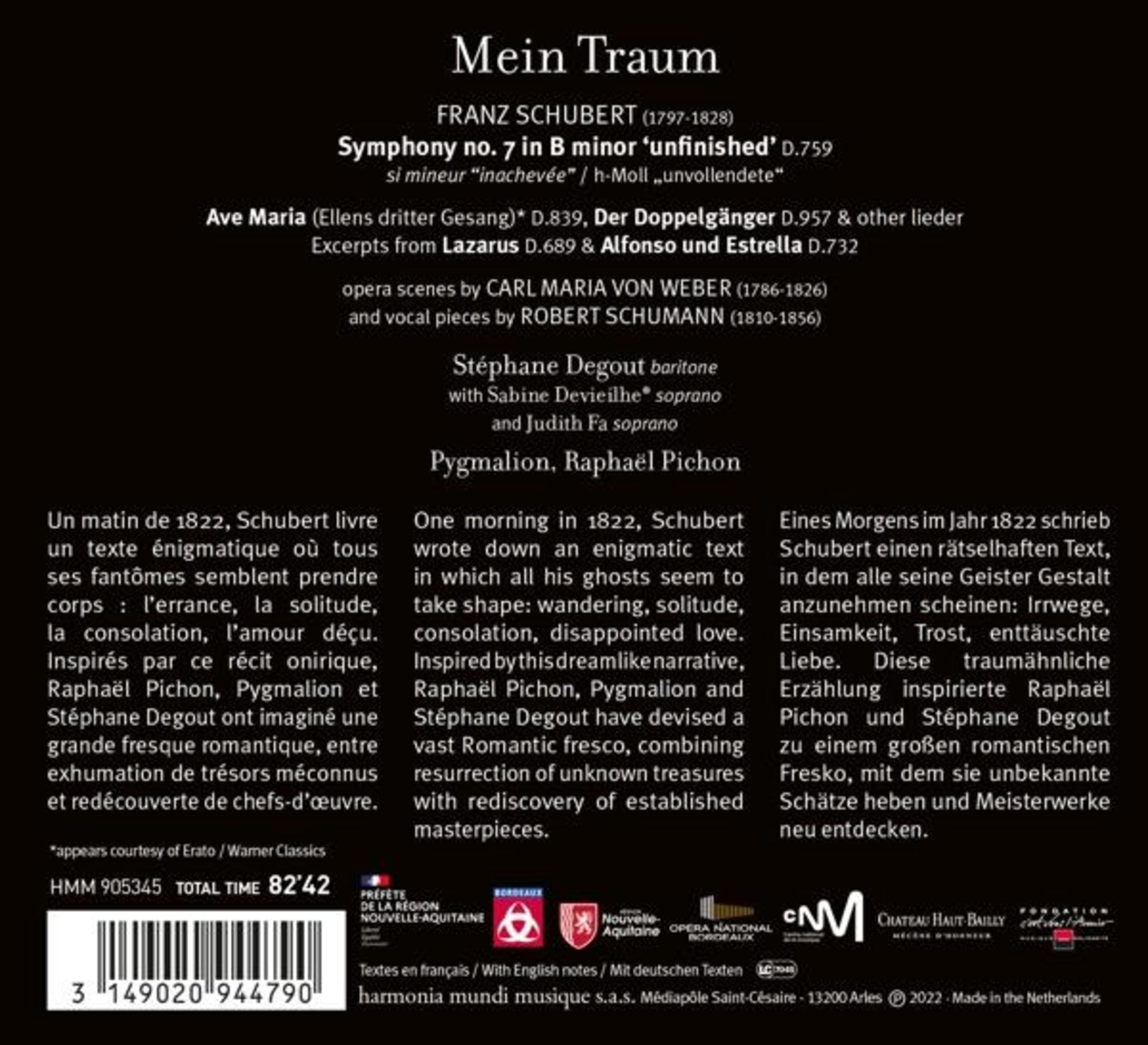 Copertina dell'album intitolata 'Mein Traum' di Franz Schubert con dettagli delle composizioni.