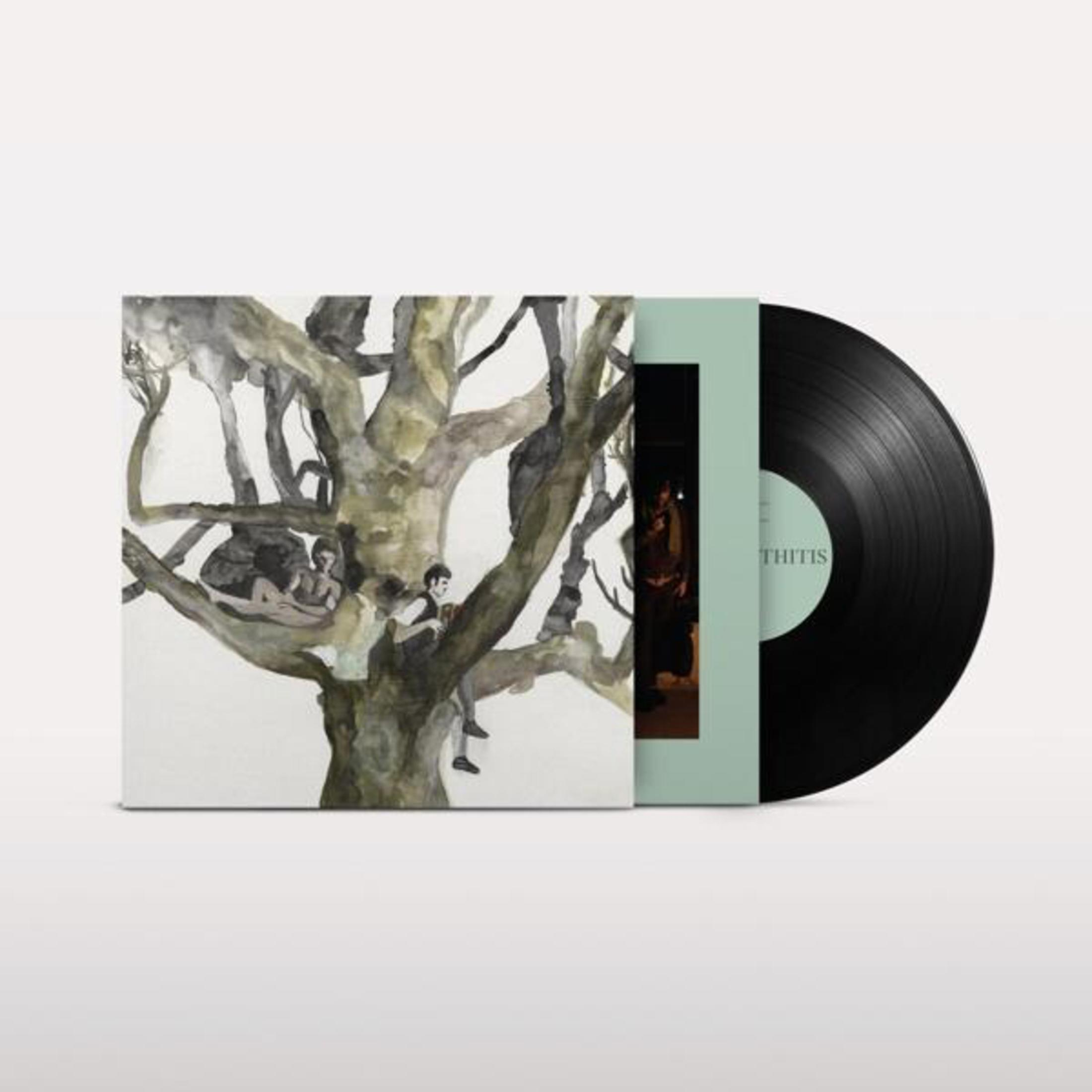 Disco in vinile accanto a copertina album con albero ad acquerello e figure.