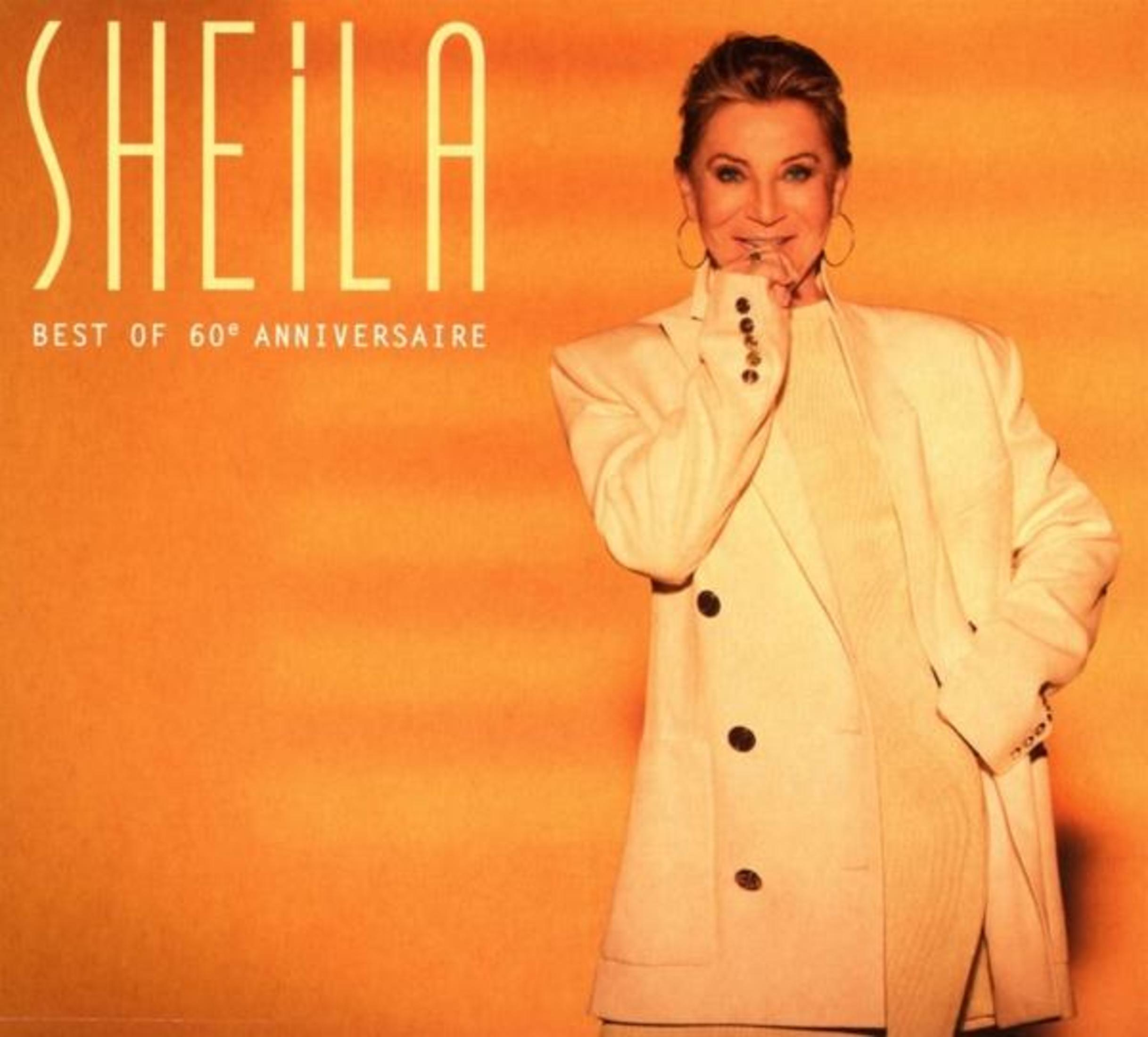 Sheila con testo "BEST OF 60° ANNIVERSAIRE" su sfondo arancione.