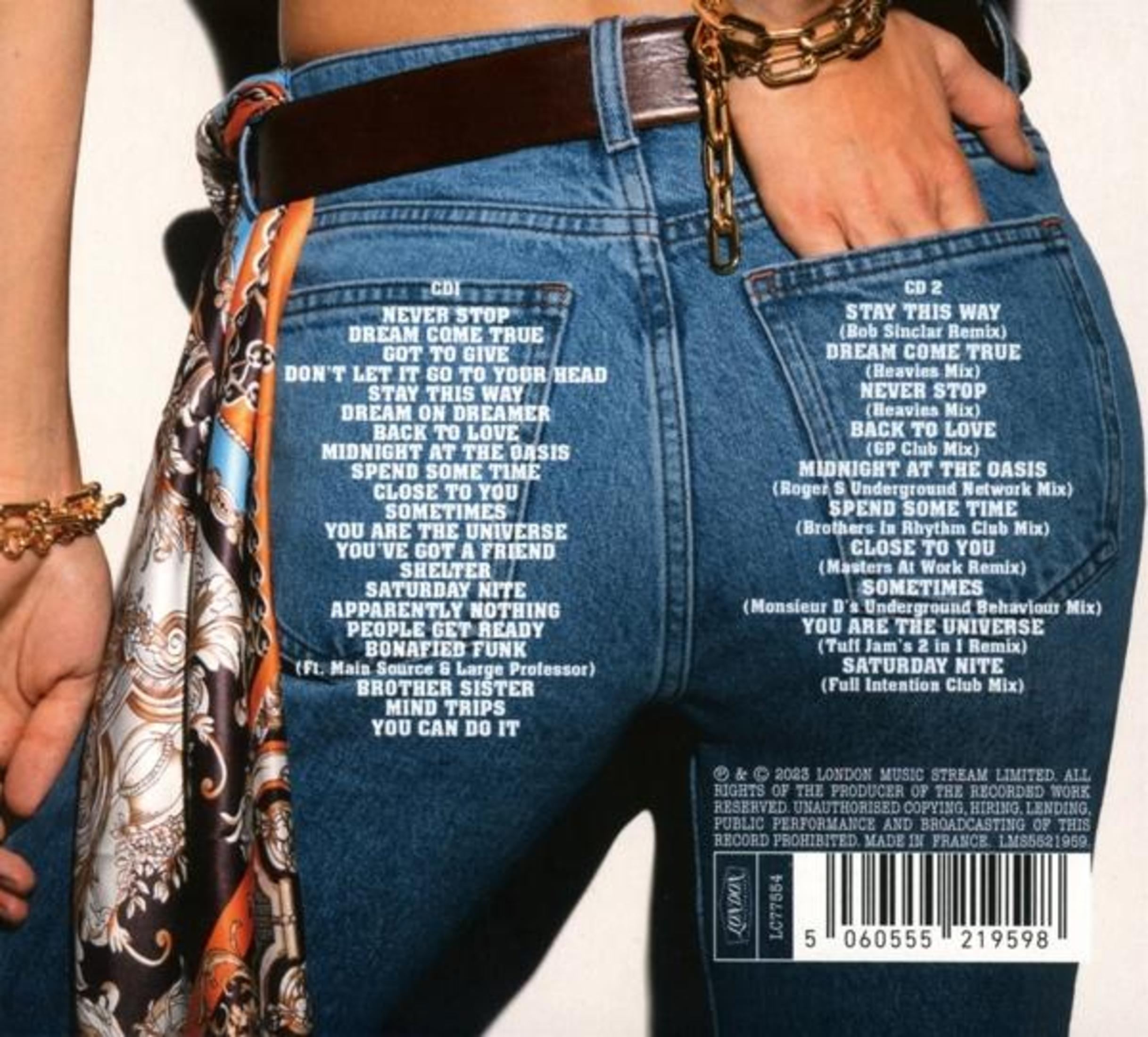 Retro dei jeans con tracklist CD e codice a barre.
