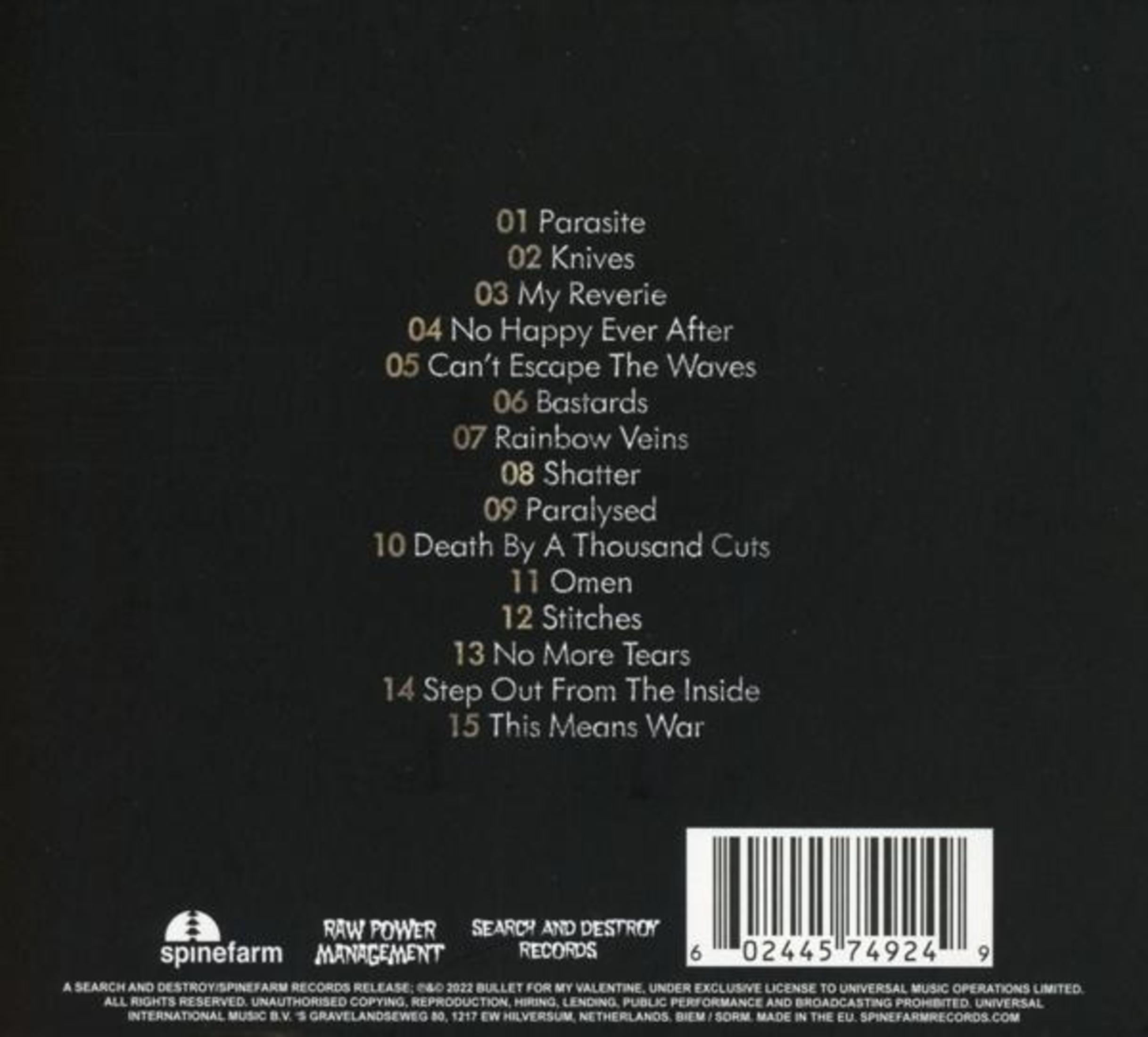 Uno sfondo nero con una tracklist, etichette discografiche e un codice a barre per un album musicale.