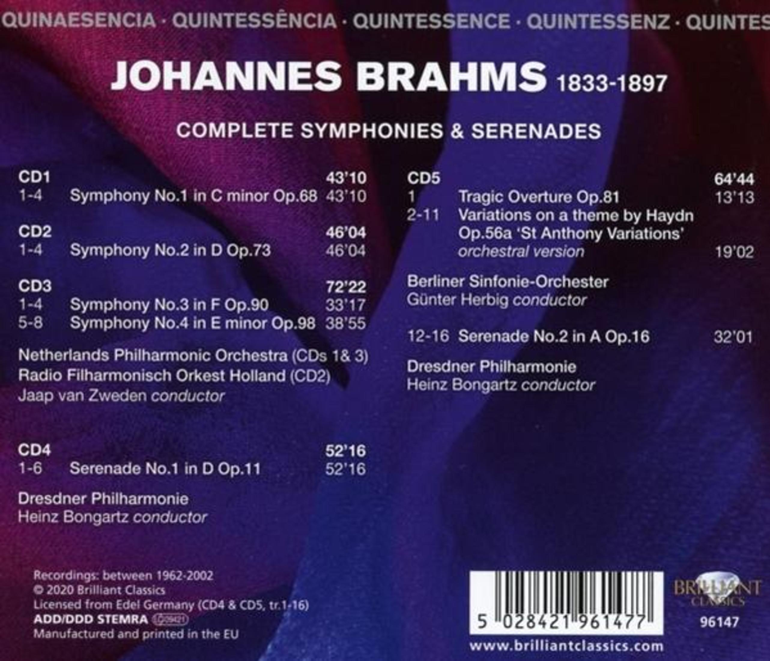 Copertina di Sinfonie e Serenate di Brahms: opere, direttori, durate.