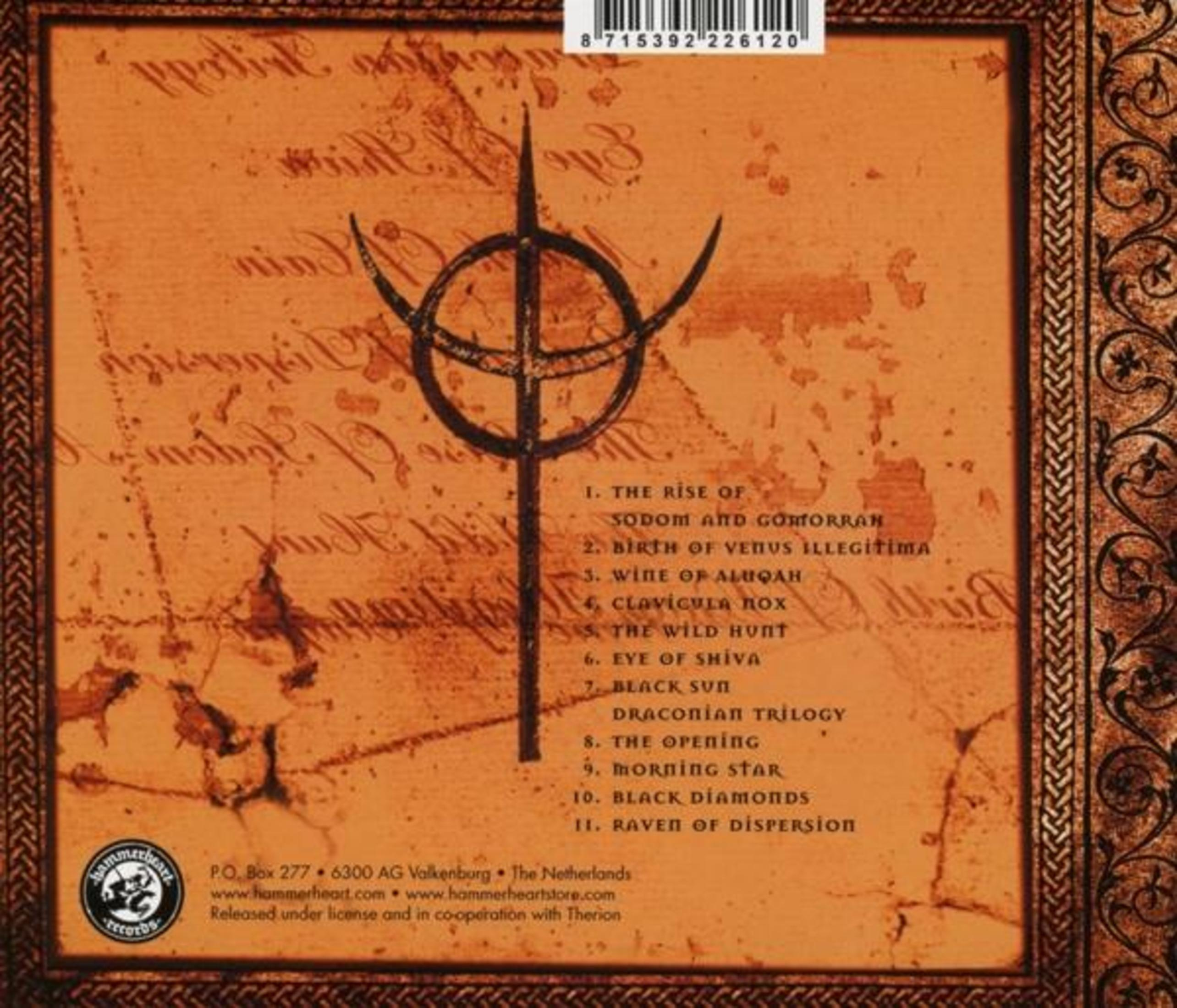 Copertina di un album con simbolo, elenco brani e info aziendali su sfondo arancione.