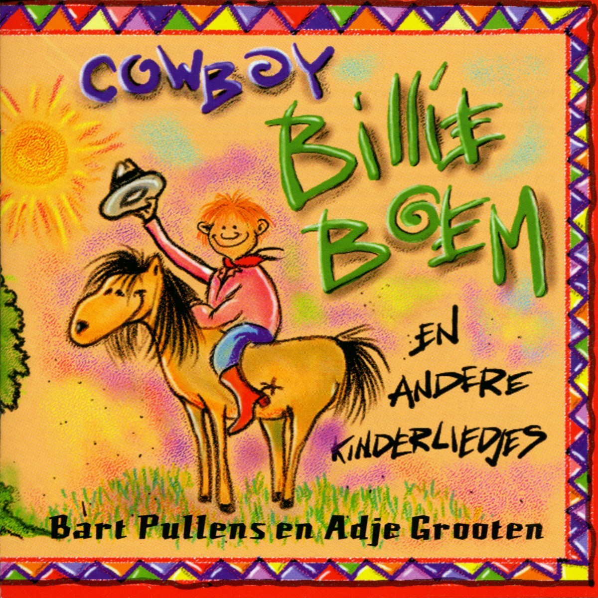 Een cowboy rijdt op een paard onder de zon. Tekst: Cowboy Billie Boem.