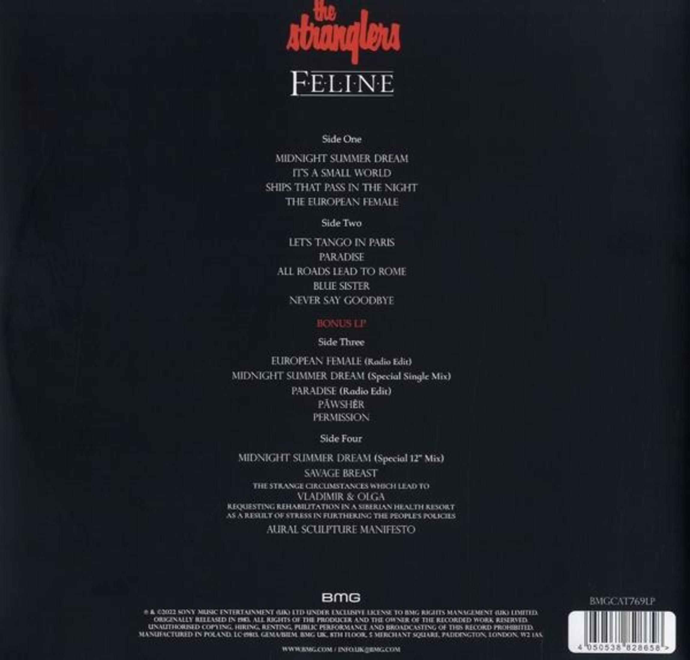 Il retro della copertina dell'album "Feline" dei The Stranglers elenca brani e logo BMG.