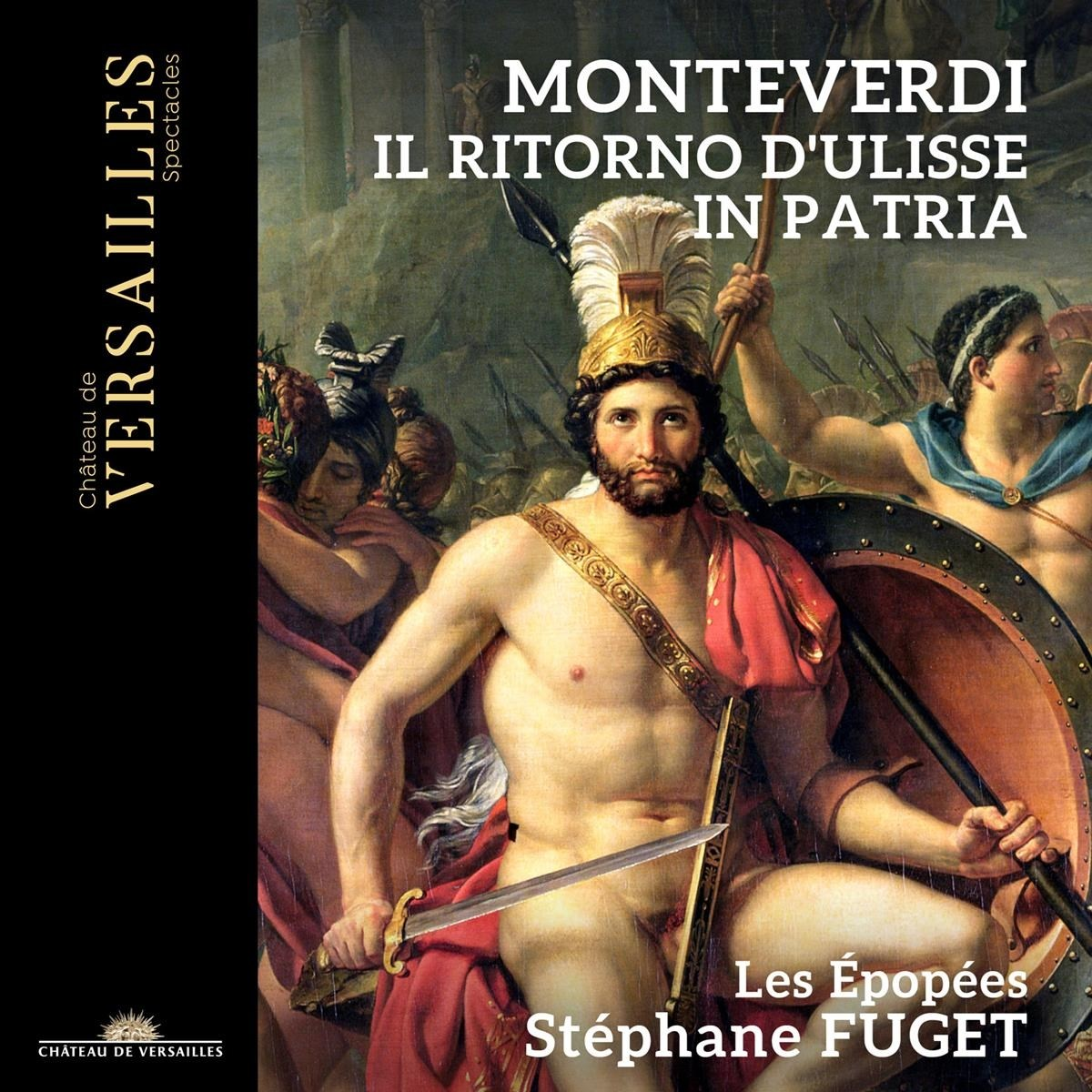 Un uomo in armatura tiene spada e scudo. Testo: Monteverdi Il Ritorno.