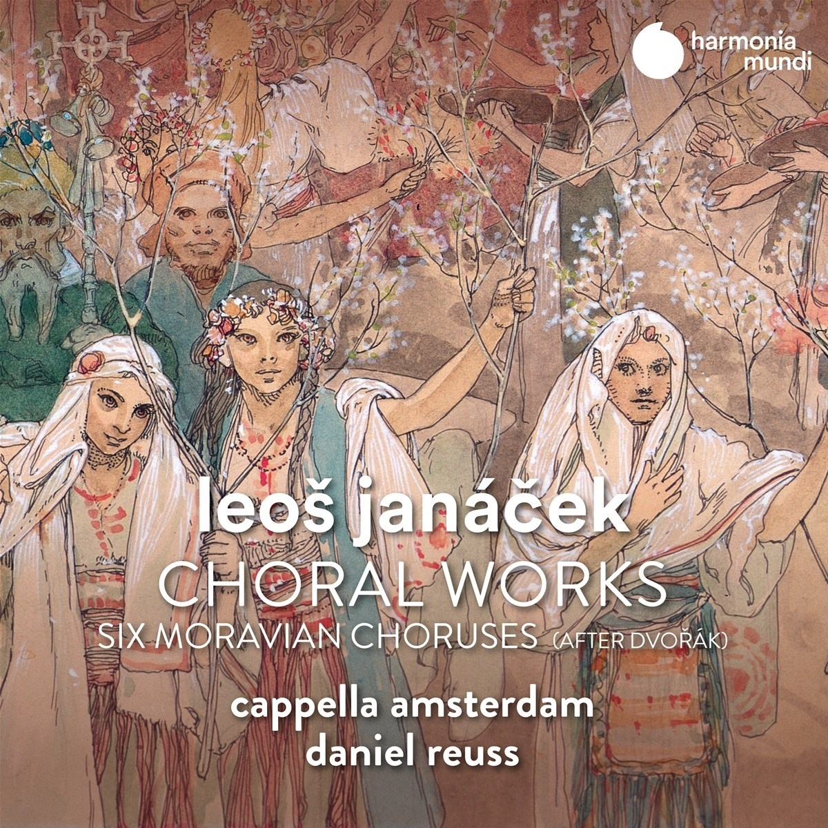 Copertina album: Leoš Janáček Choral Works, con figure stilizzate con copricapi floreali.