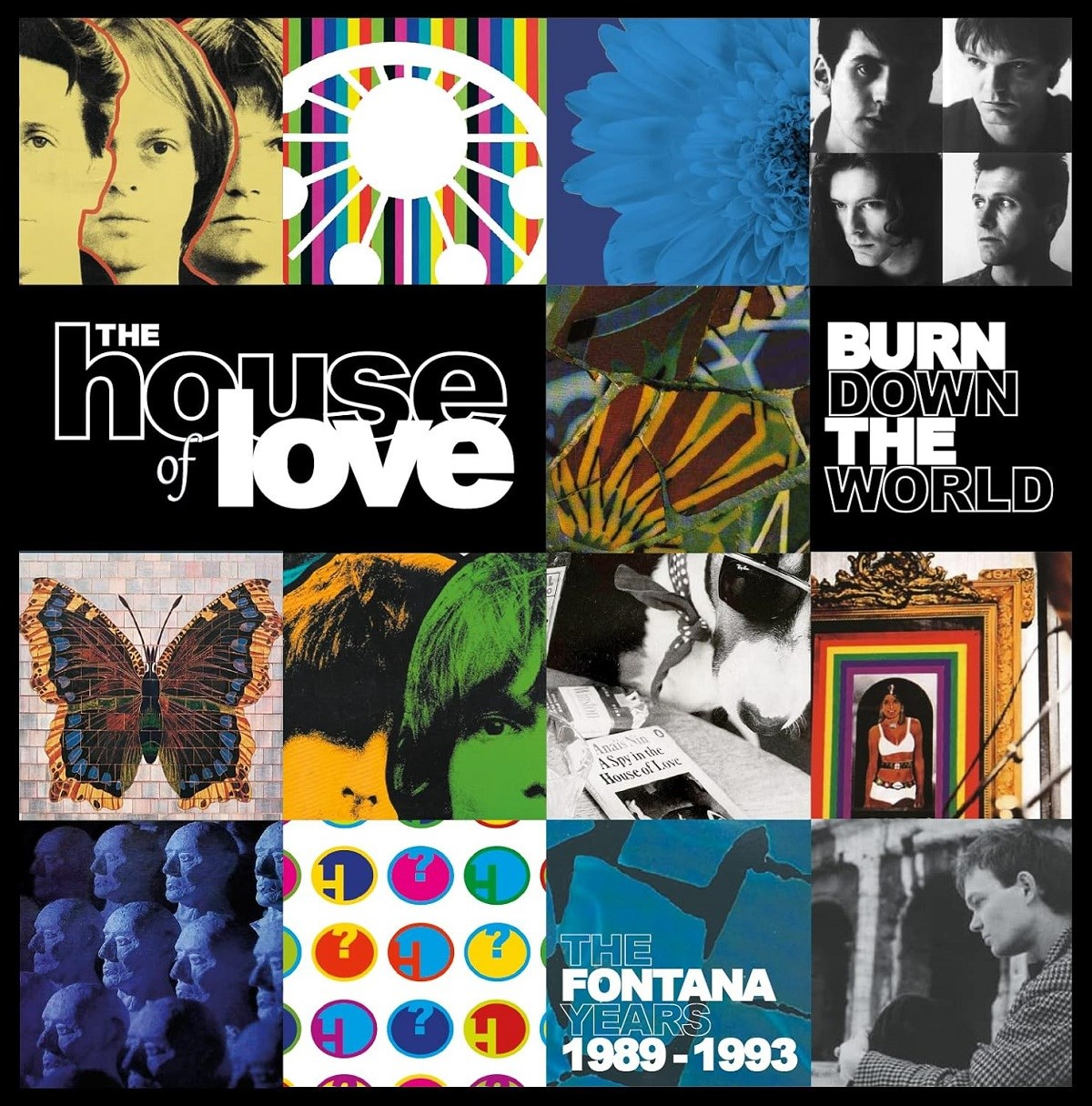 Collage di foto della band, farfalle, fiori e testo come 'The House of Love'.