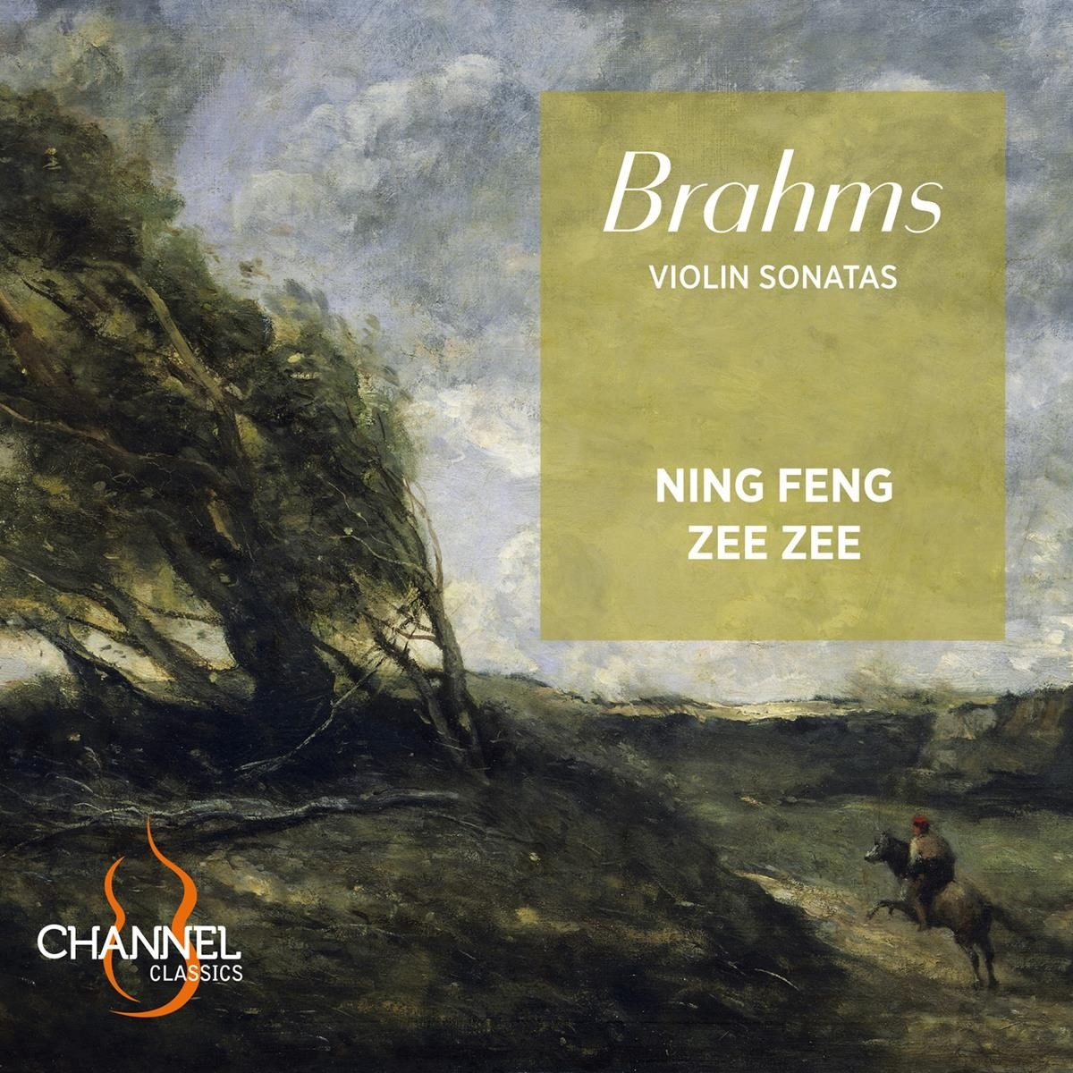 Dipinto ad olio: Albero sferzato dal vento, cavaliere su una collina, testo "Brahms Violin Sonatas".