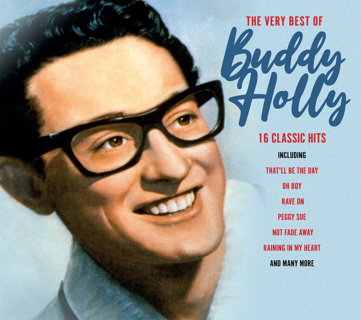 Buddy Holly con occhiali, sorride. Copertina dell'album "The Very Best of Buddy Holly".