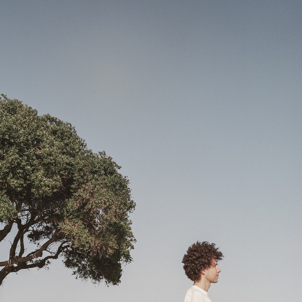 Un uomo con capelli ricci sta vicino a un albero sotto un cielo sereno.