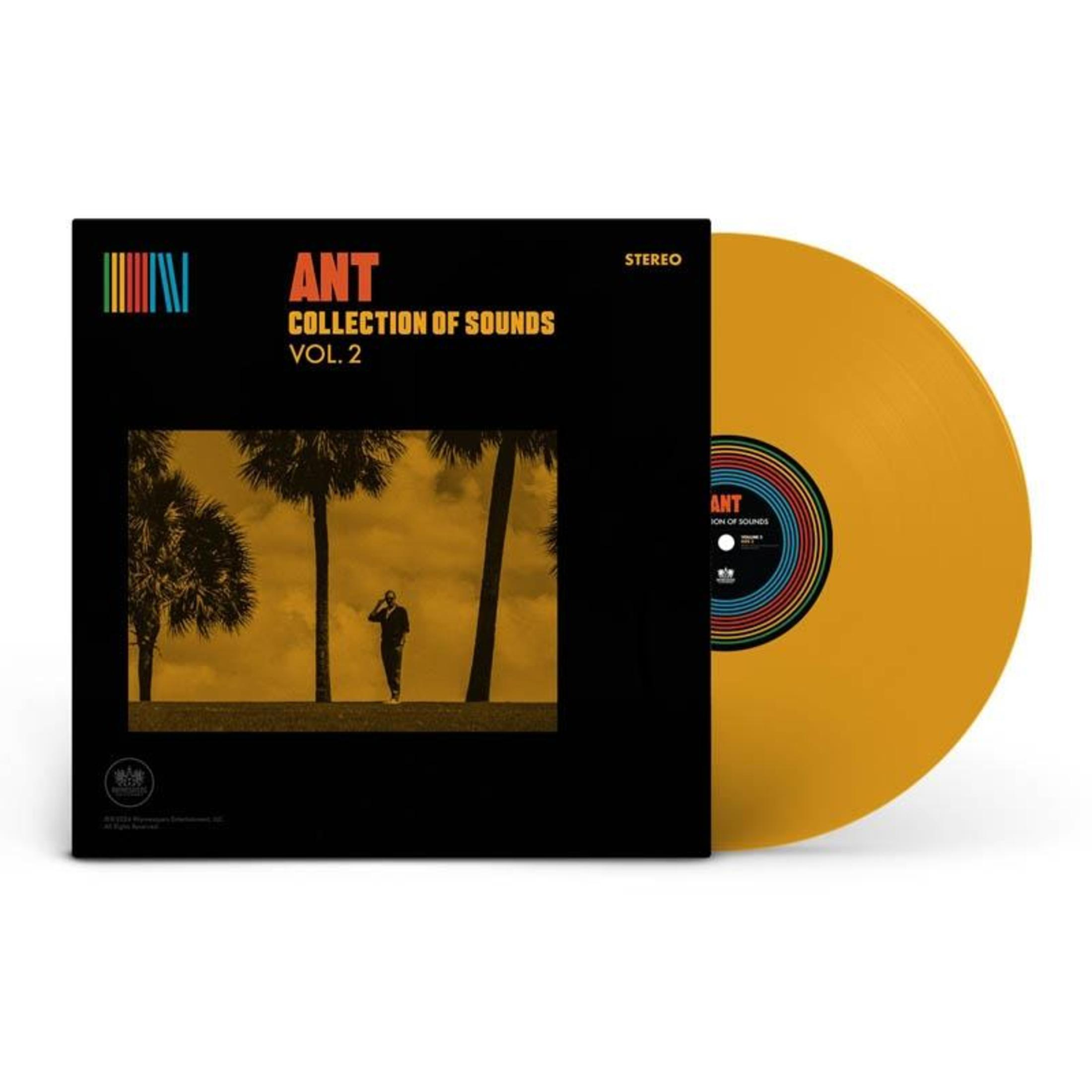 Gele vinyl albumhoes met "ANT COLLECTION OF SOUNDS VOL. 2" en man onder palmen.