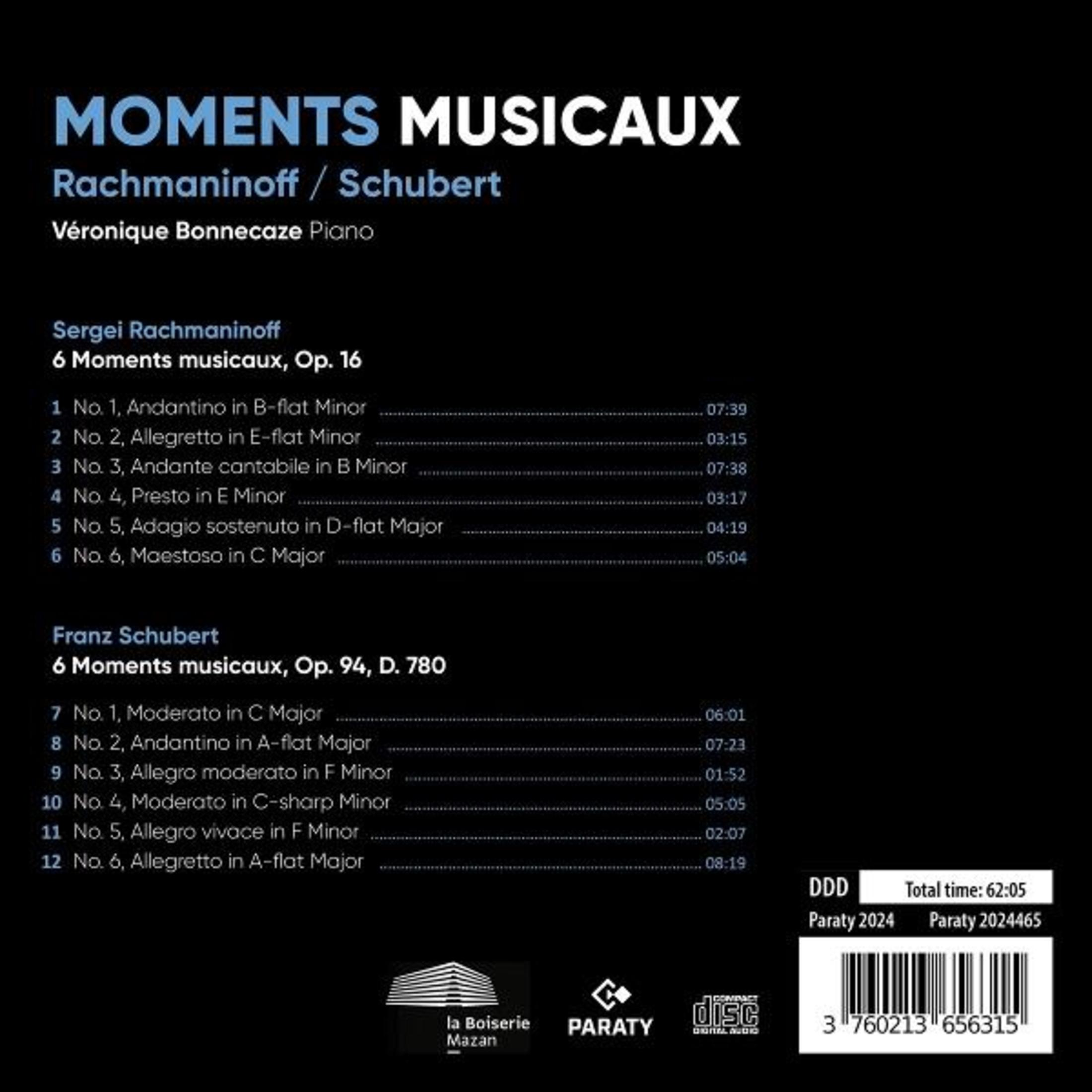 Copertina CD: 'Moments Musicaux' di Rachmaninoff/Schubert, pianista V. Bonnecaze.