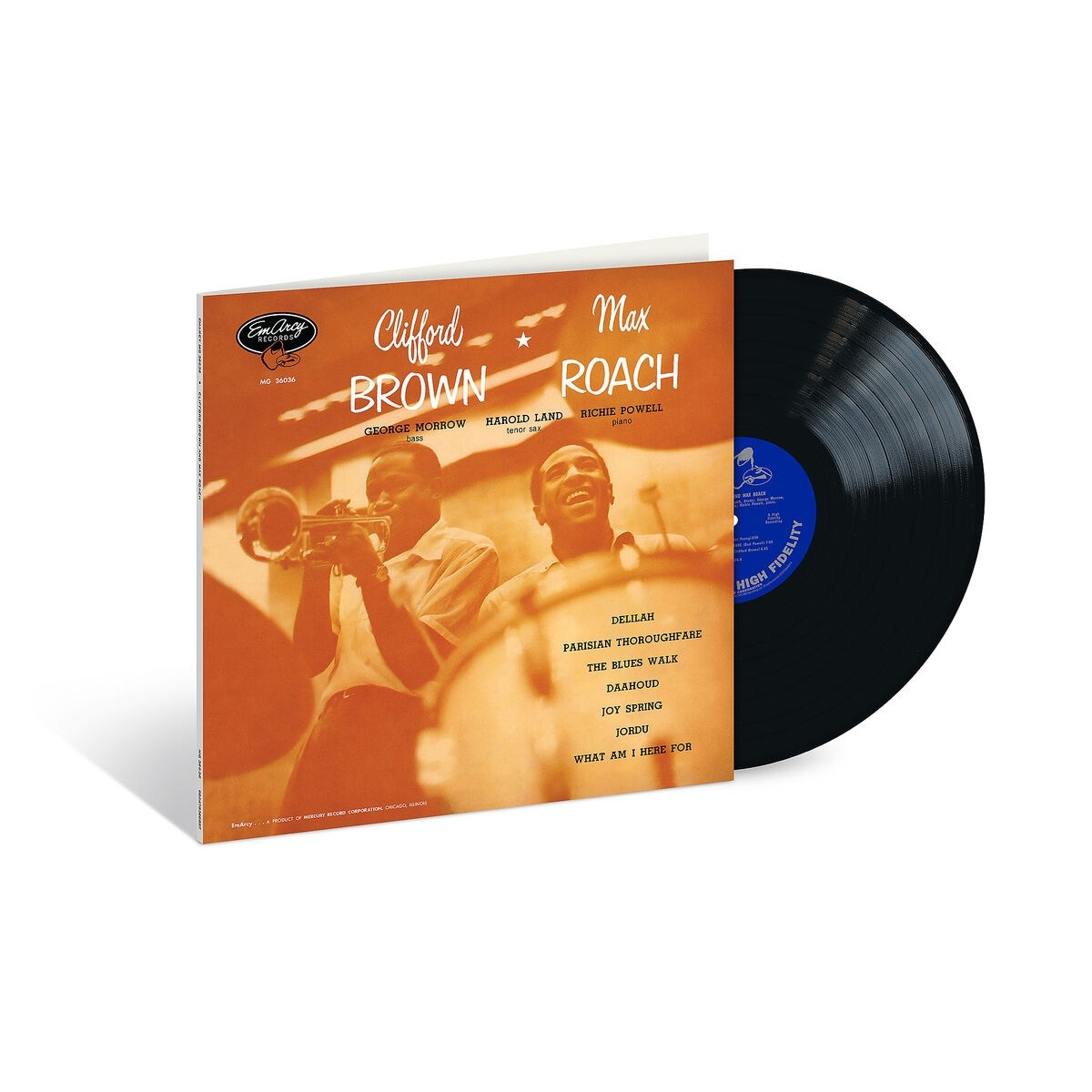 Disco con copertina di Clifford Brown e Max Roach, due uomini con tromba e pianoforte.