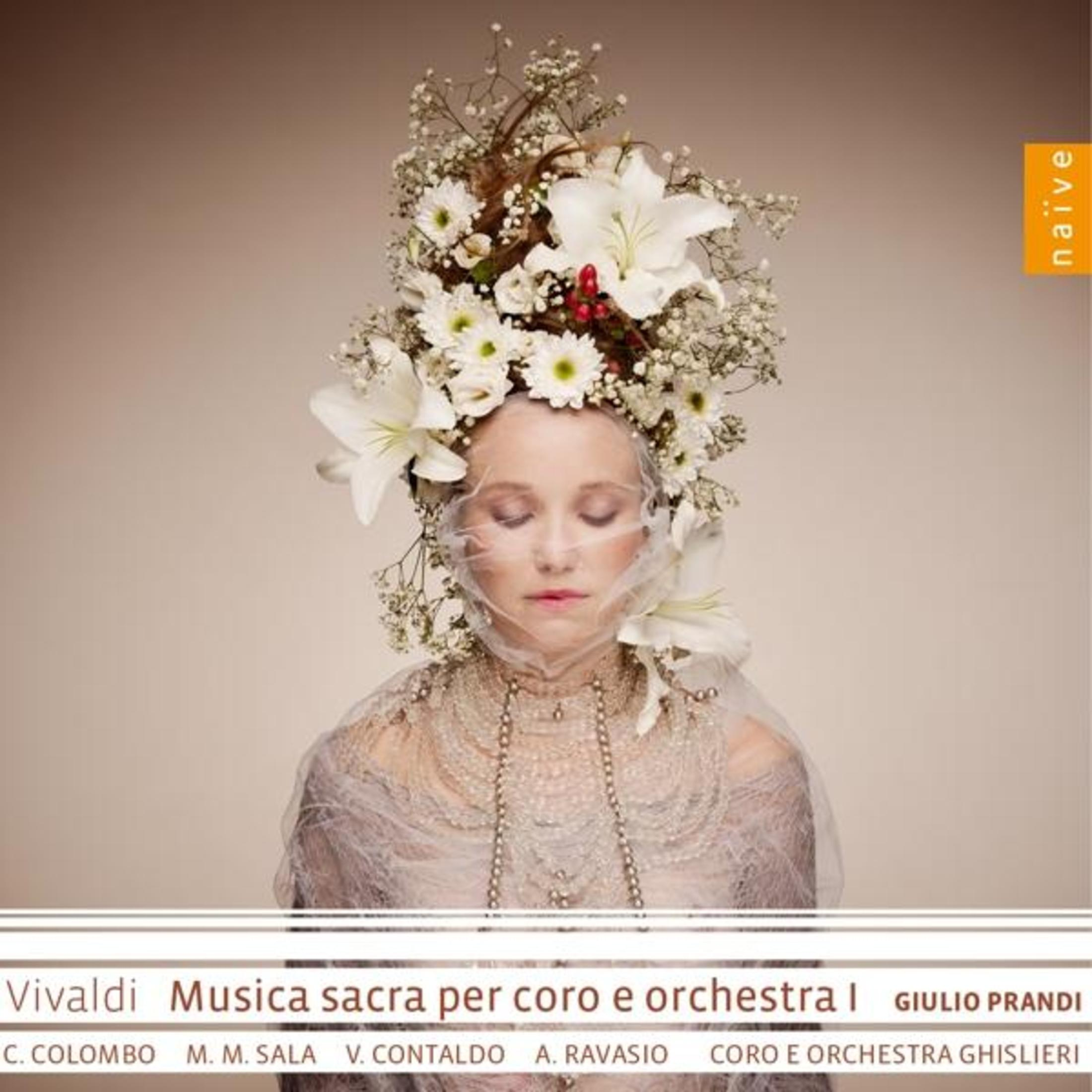 Donna con corona di fiori e velo, copertina album con testo.