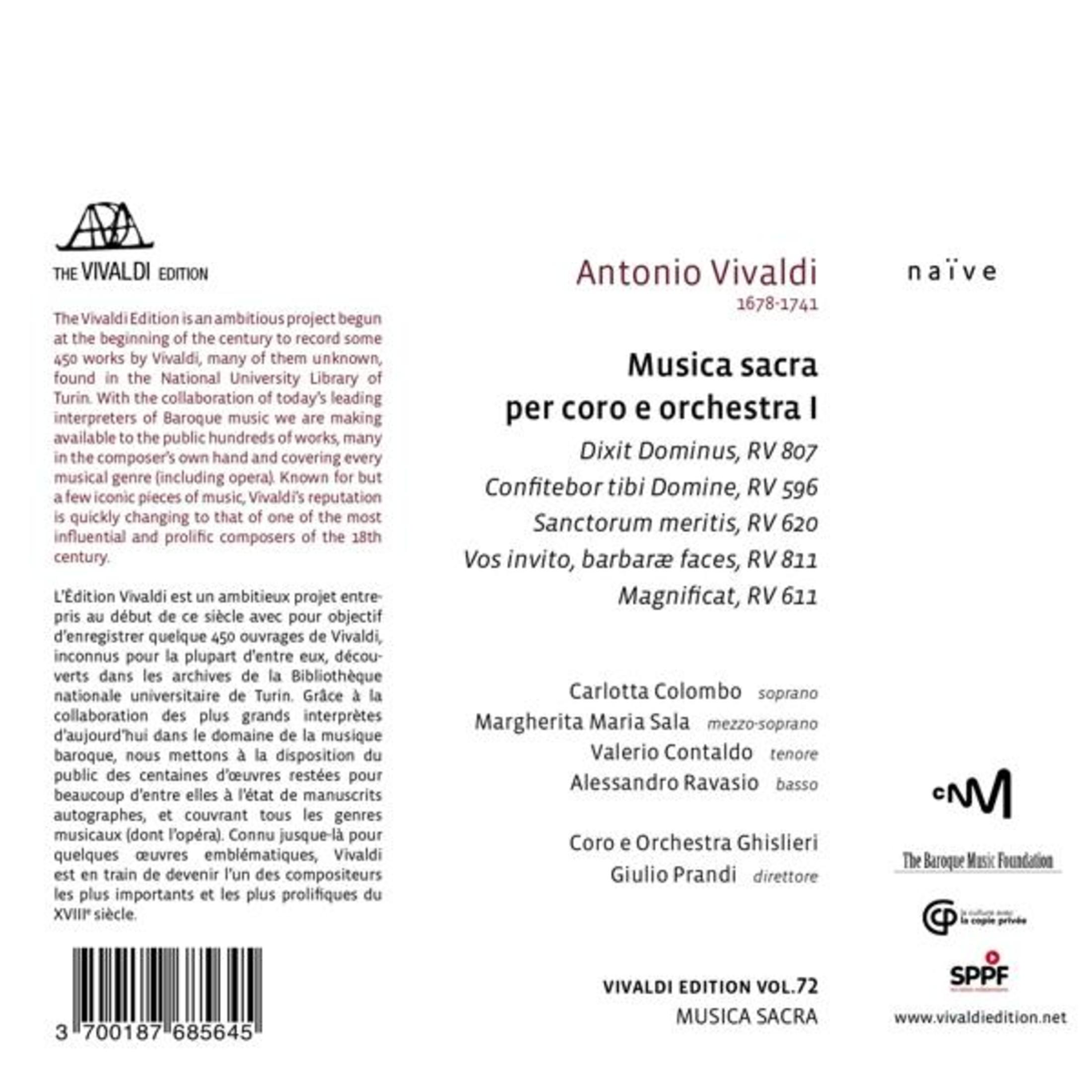 Antonio Vivaldi, Musica Sacra: Copertina Coro & Orchestra I con titoli ed interpreti.