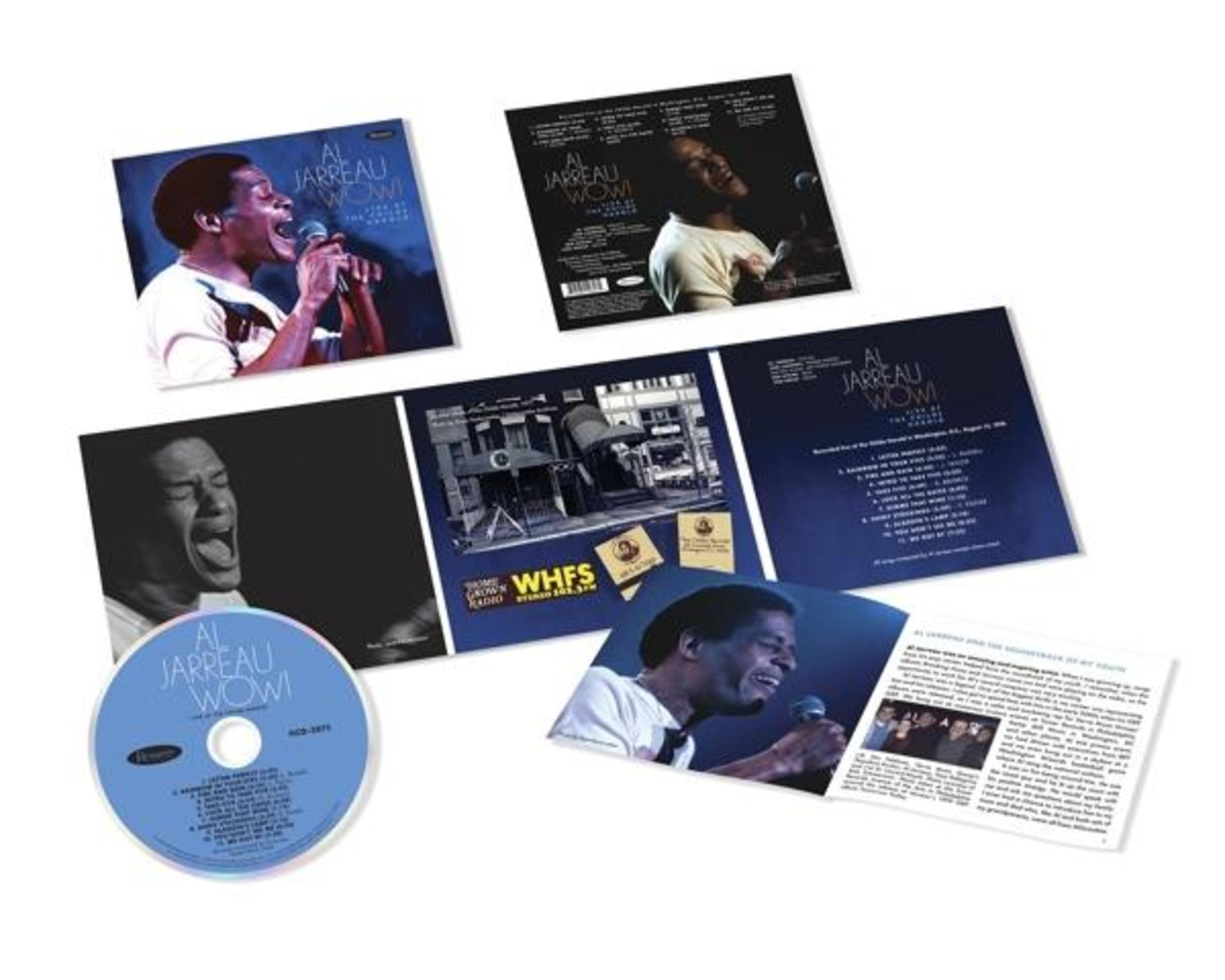 Layout di copertina album, CD e libretto di Al Jarreau 'Wow!' su sfondo bianco.