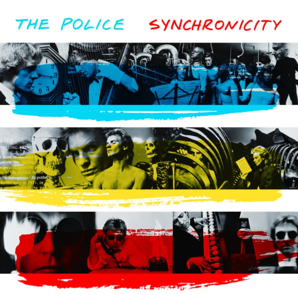 Collage di foto della band: uomini, scheletri, orologi e testo. Colori blu, giallo, rosso.